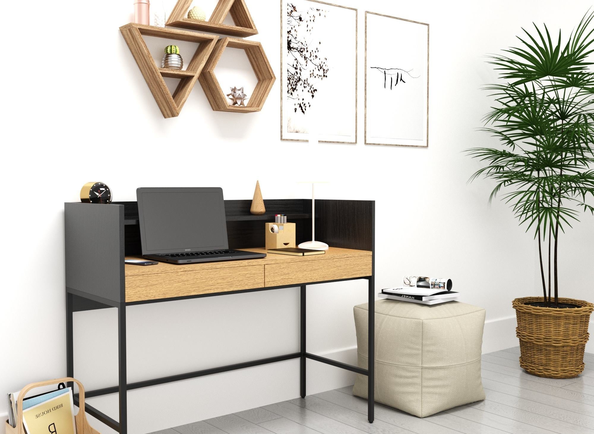 ALICE Industriedesign-Schreibtisch mit 2 Schubladen und 1 Regal aus Holz und Metall