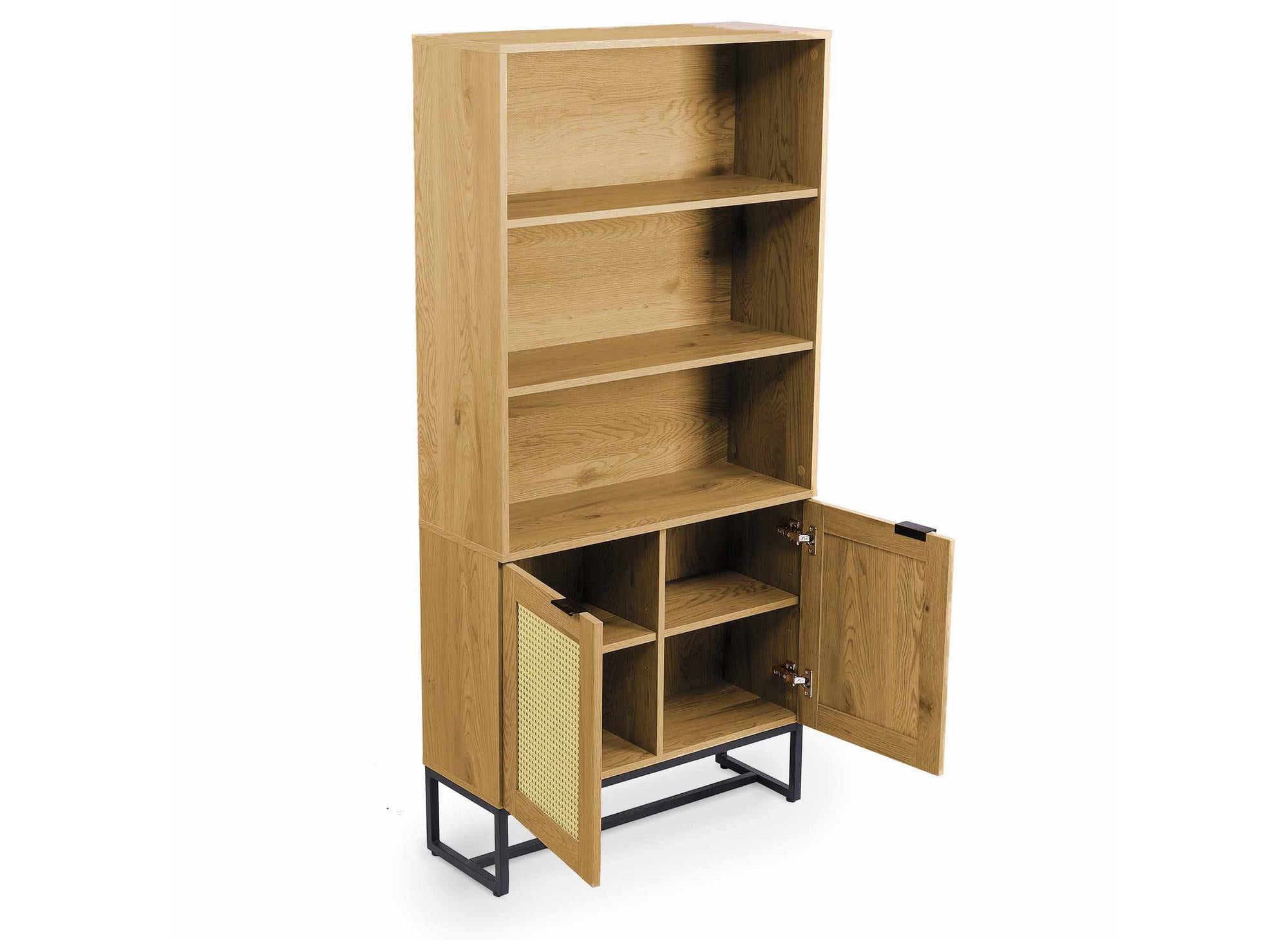 TULLIO Skandinavisches Bücherregal mit 2 Türen und 2 Regalen aus Holz, Metall und Rohr