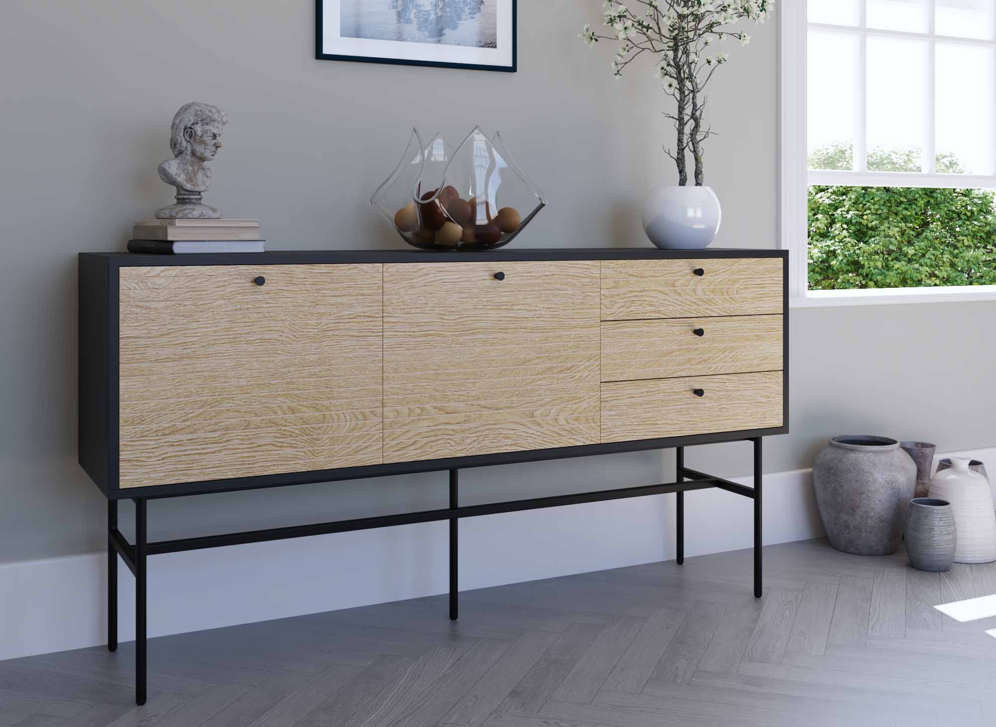 DARYL Sideboard mit 3 Schubladen und 2 Türen aus Holz und schwarzem Metall