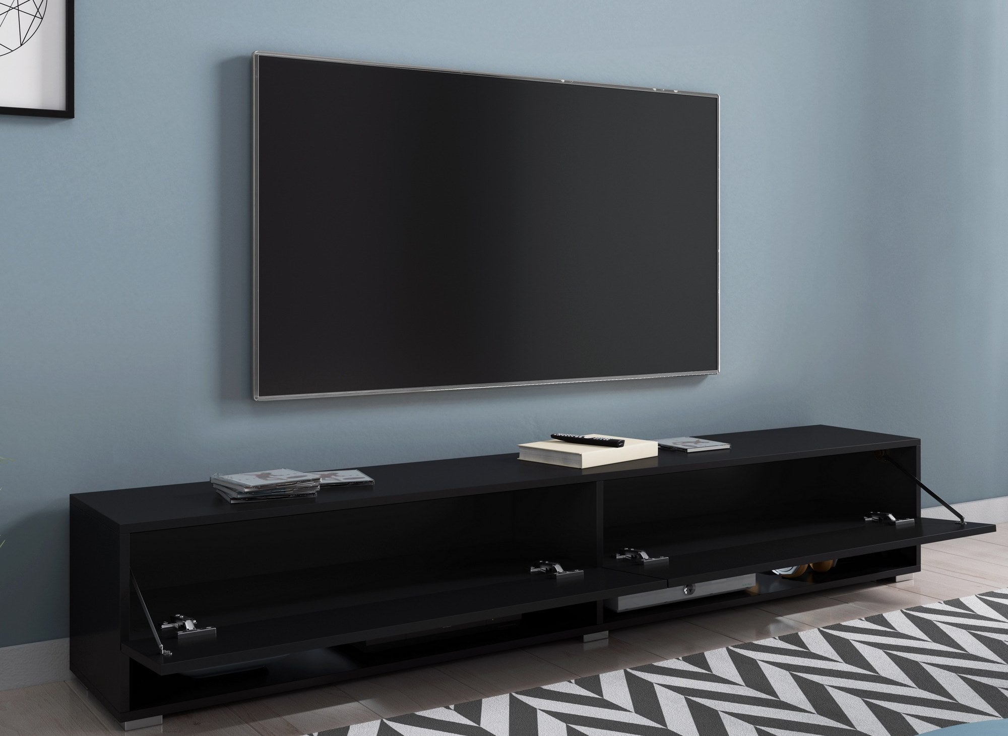 ROMANE XXL schwarzer TV-Wandschrank mit 2 Türen und 2 Nischen - 180 cm
