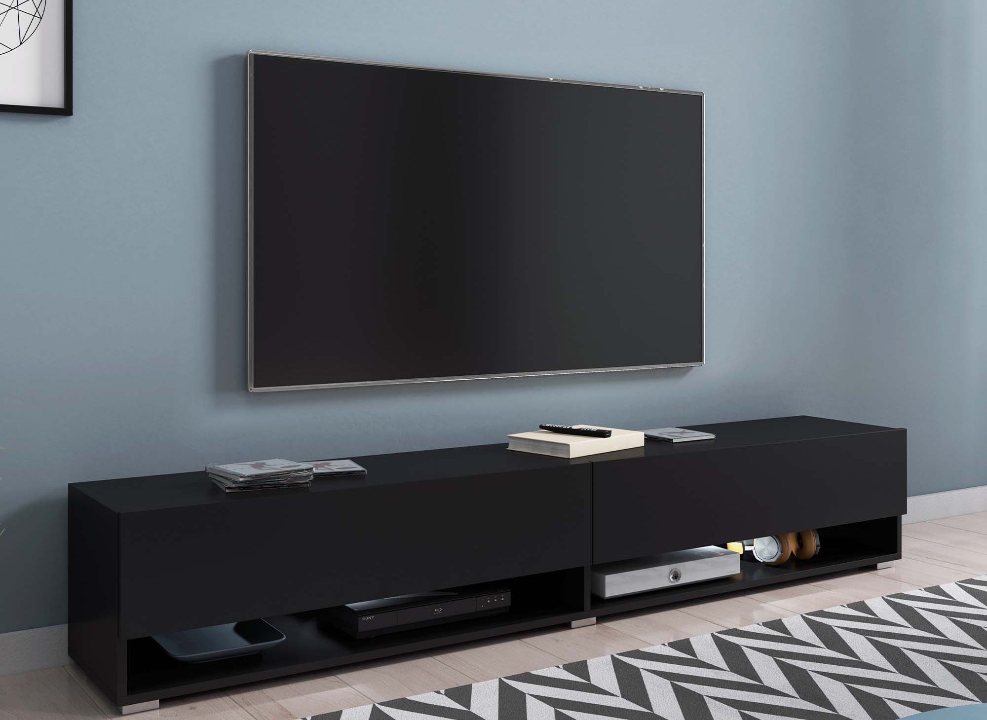 ROMANE XXL schwarzer TV-Wandschrank mit 2 Türen und 2 Nischen - 180 cm