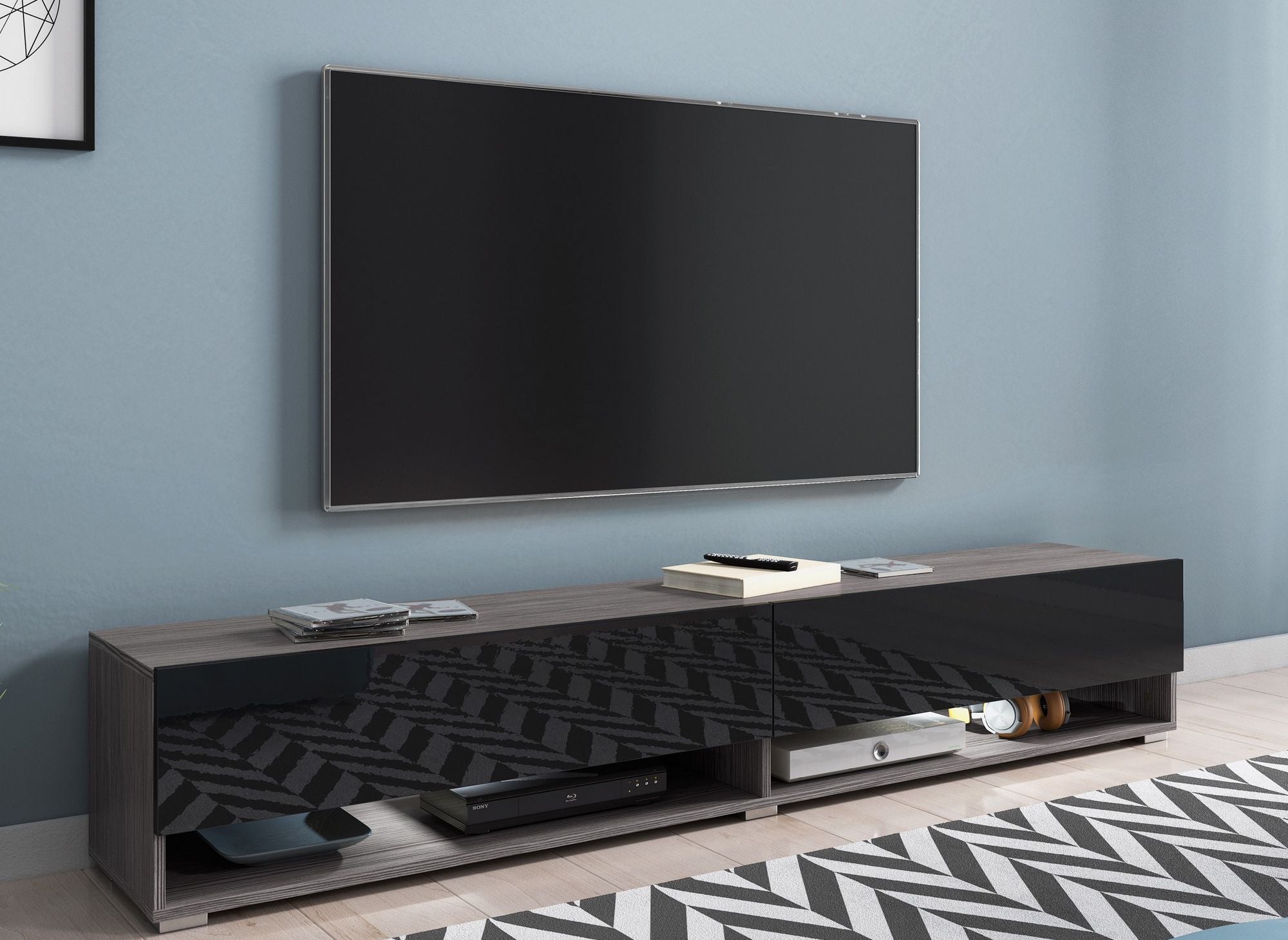 ROMANE XXL TV-Wandschrank mit 2 Türen und 2 Nischen, dunkelgrau und schwarz – 180 cm
