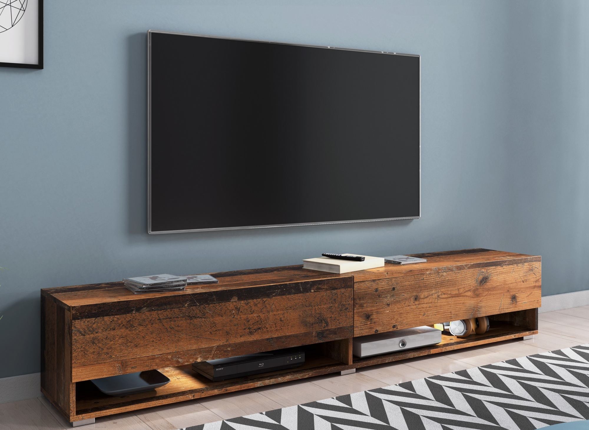 ROMANE XXL TV-Wandschrank mit 2 Türen und 2 Nischen aus gealterter Eiche – 180 cm