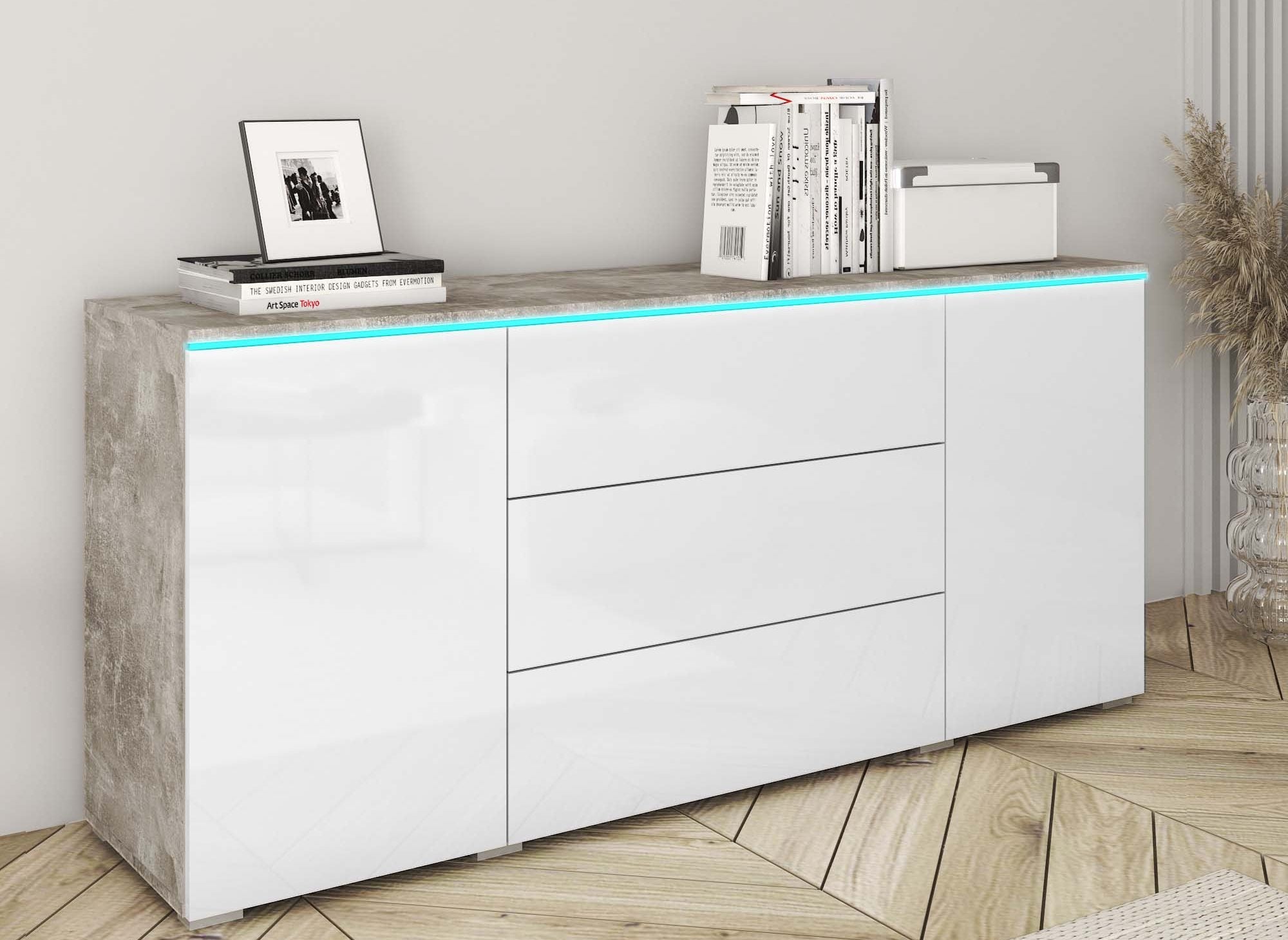 ALEXIA Sideboard mit 2 Türen, 3 Schubladen, Weiß und Beton, mit LEDs