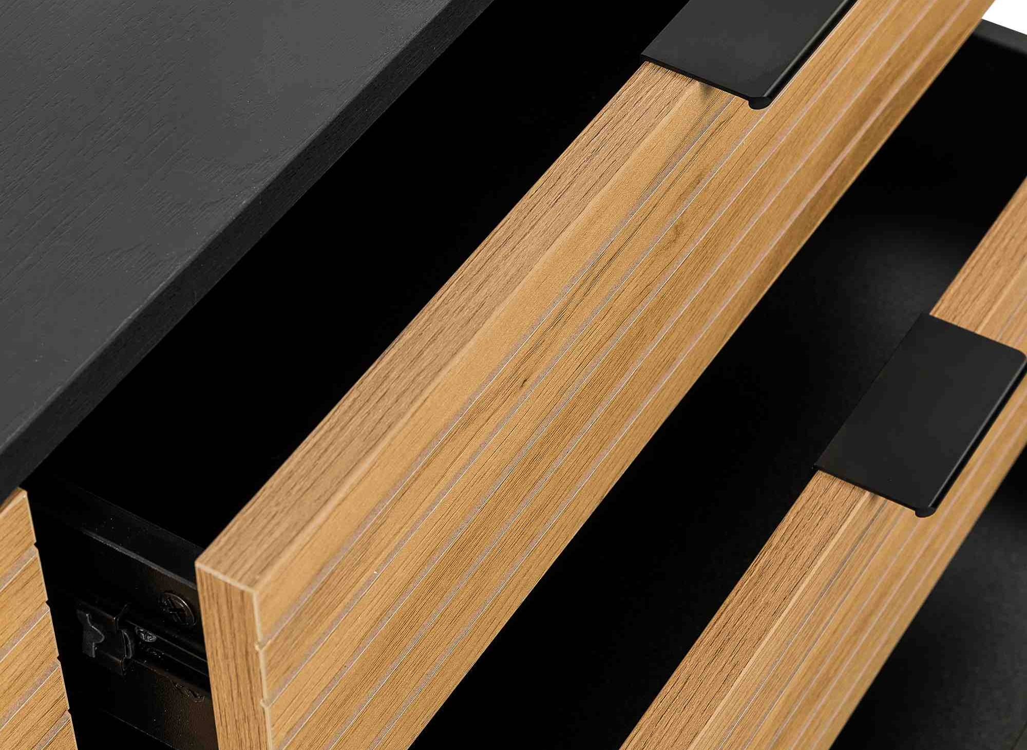 TISSIA Sideboard mit 3 Schubladen und 2 Türen aus hellem Holz und schwarzem Metall