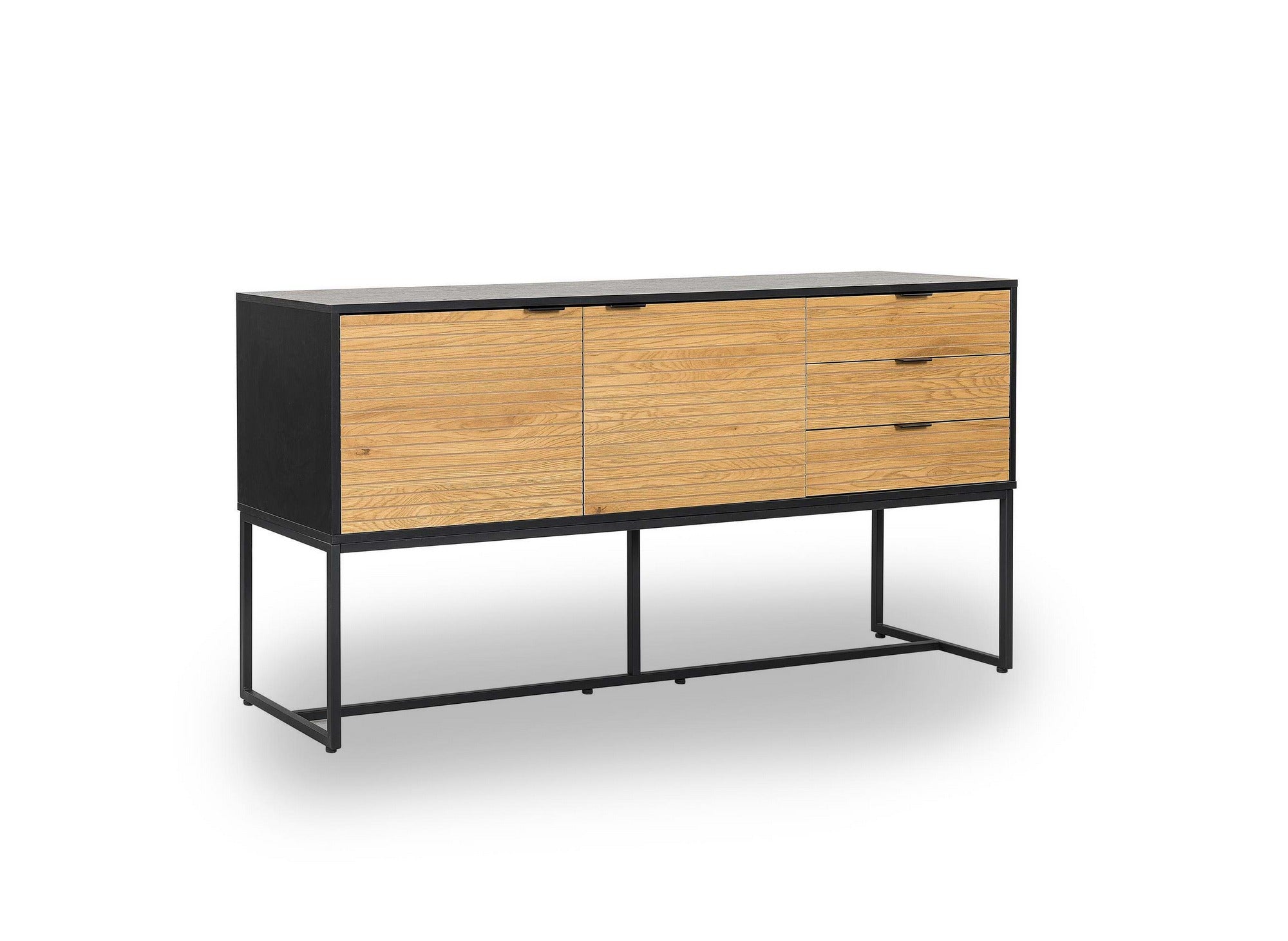 TISSIA Sideboard mit 3 Schubladen und 2 Türen aus hellem Holz und schwarzem Metall