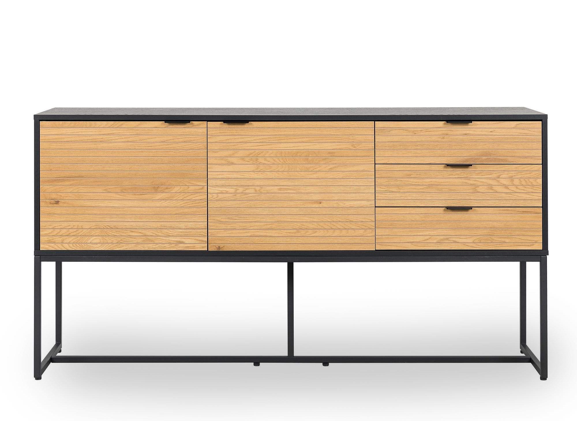 TISSIA Sideboard mit 3 Schubladen und 2 Türen aus hellem Holz und schwarzem Metall