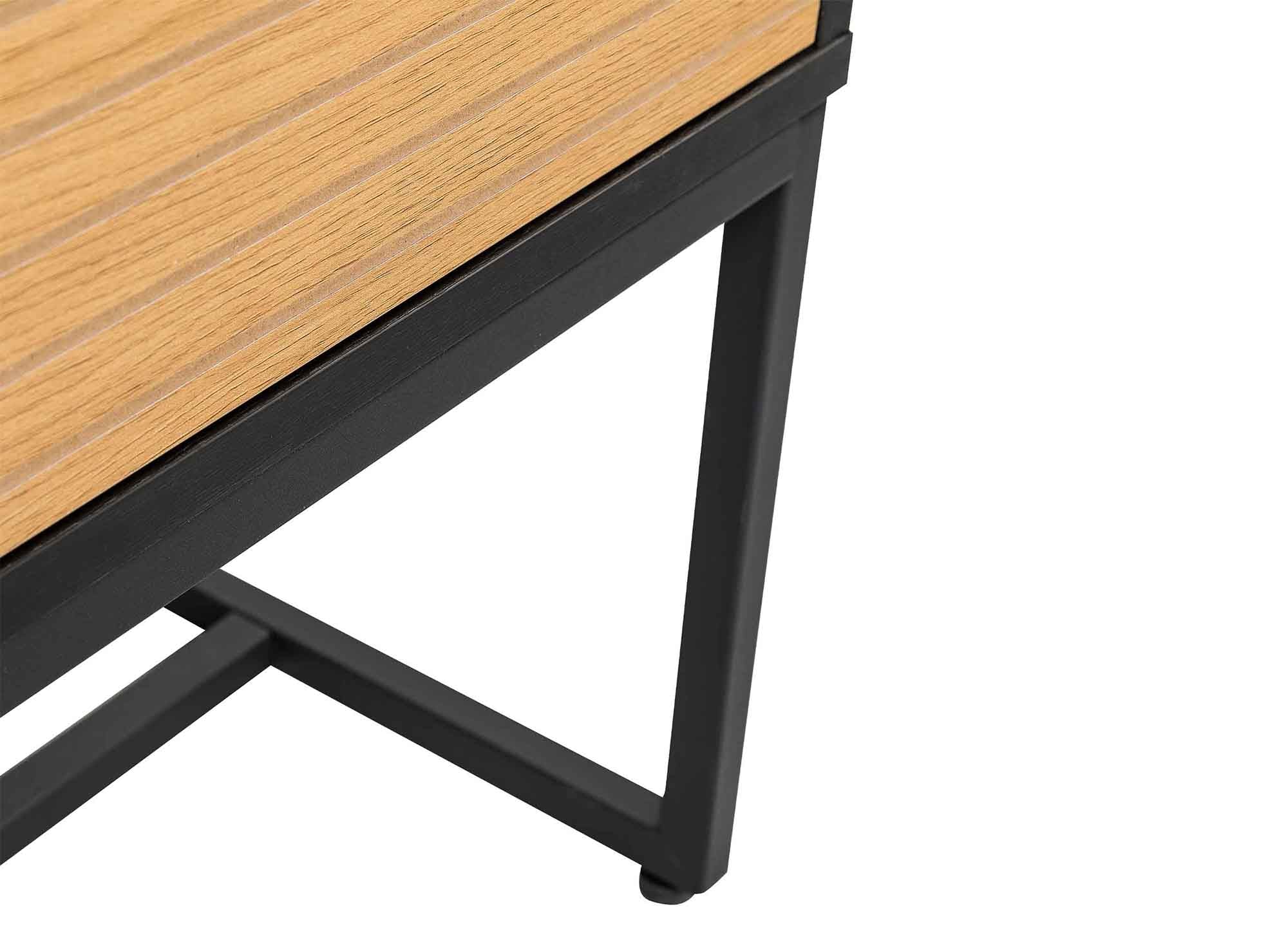 TISSIA TV-Schrank mit 2 Schubladen und 1 Tür aus hellem Holz und schwarzem Metall