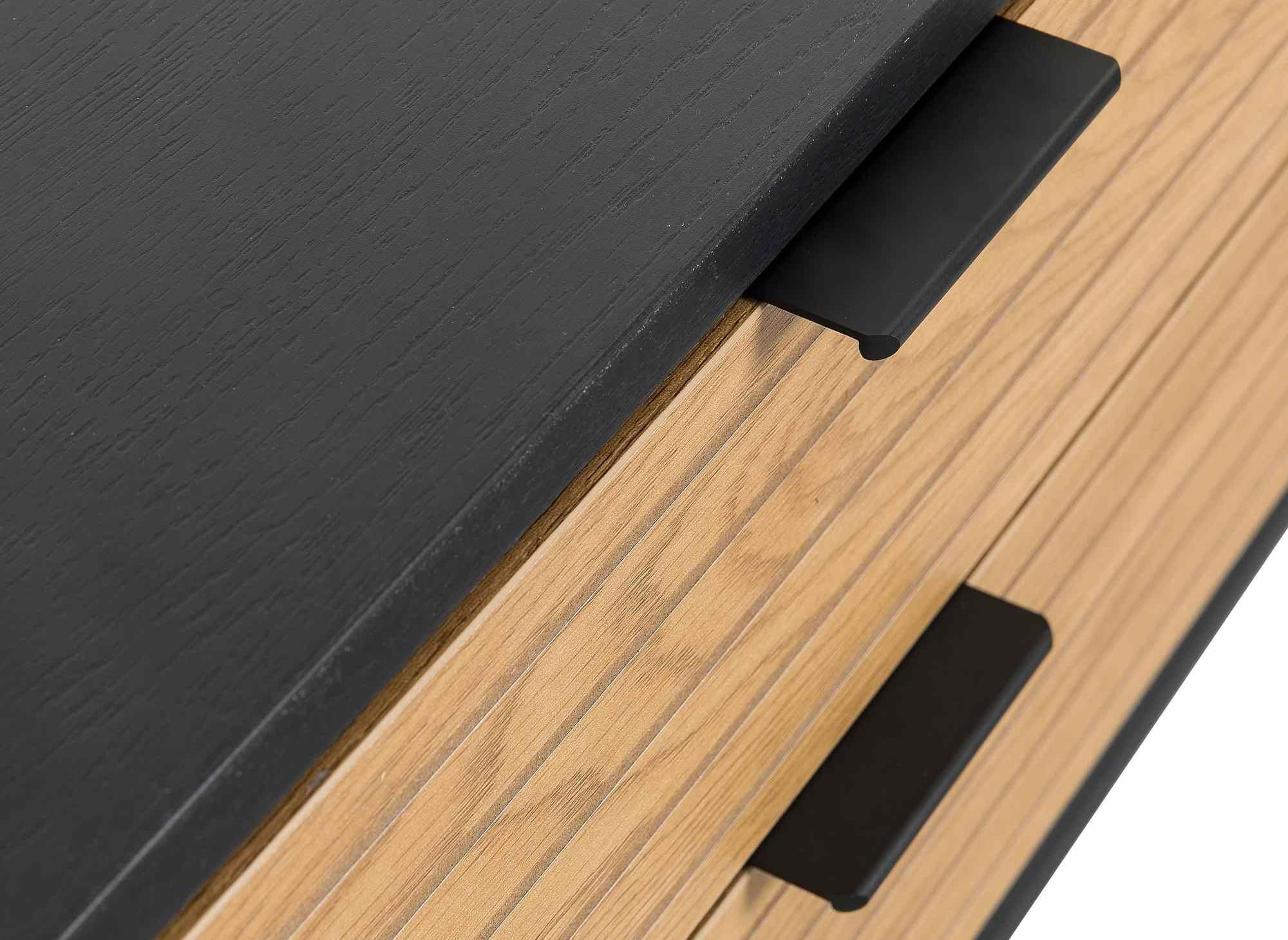 TISSIA TV-Schrank mit 2 Schubladen und 1 Tür aus hellem Holz und schwarzem Metall