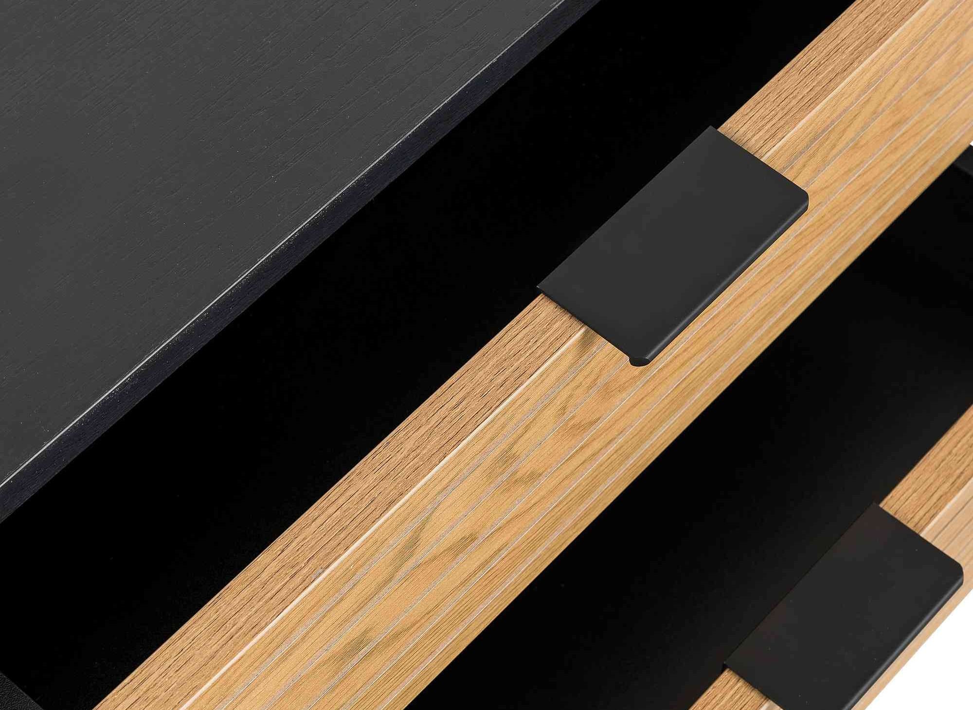 TISSIA TV-Schrank mit 2 Schubladen und 1 Tür aus hellem Holz und schwarzem Metall