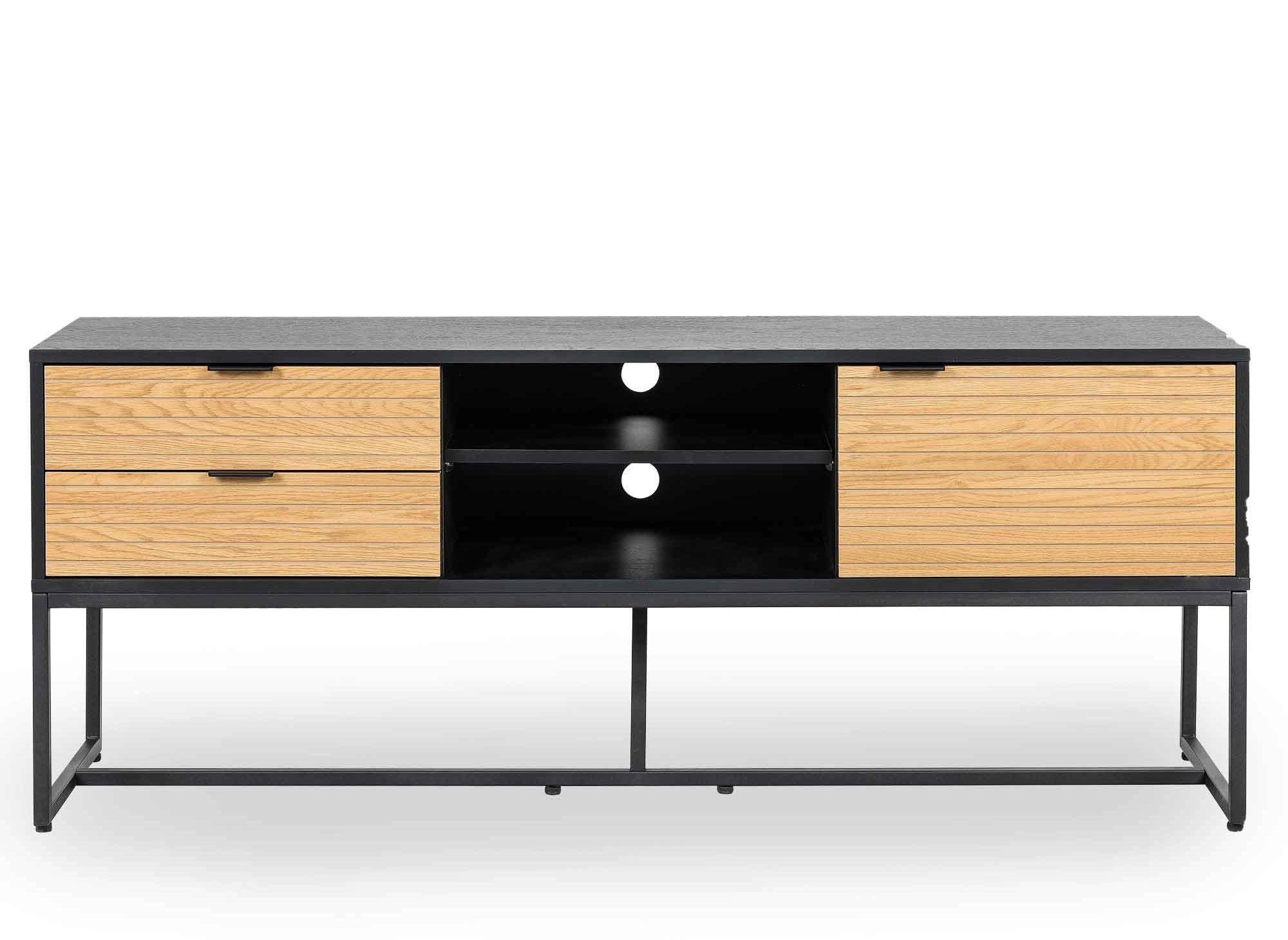 TISSIA TV-Schrank mit 2 Schubladen und 1 Tür aus hellem Holz und schwarzem Metall