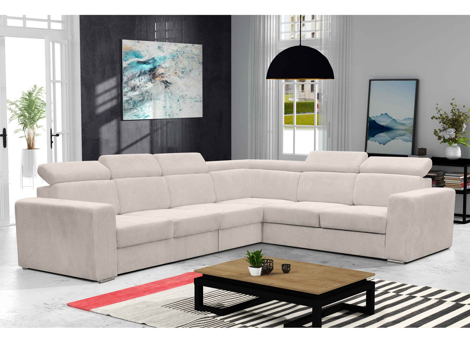 MERYL XL Ecksofa aus beigefarbenem Cord, umwandelbar und wendbar