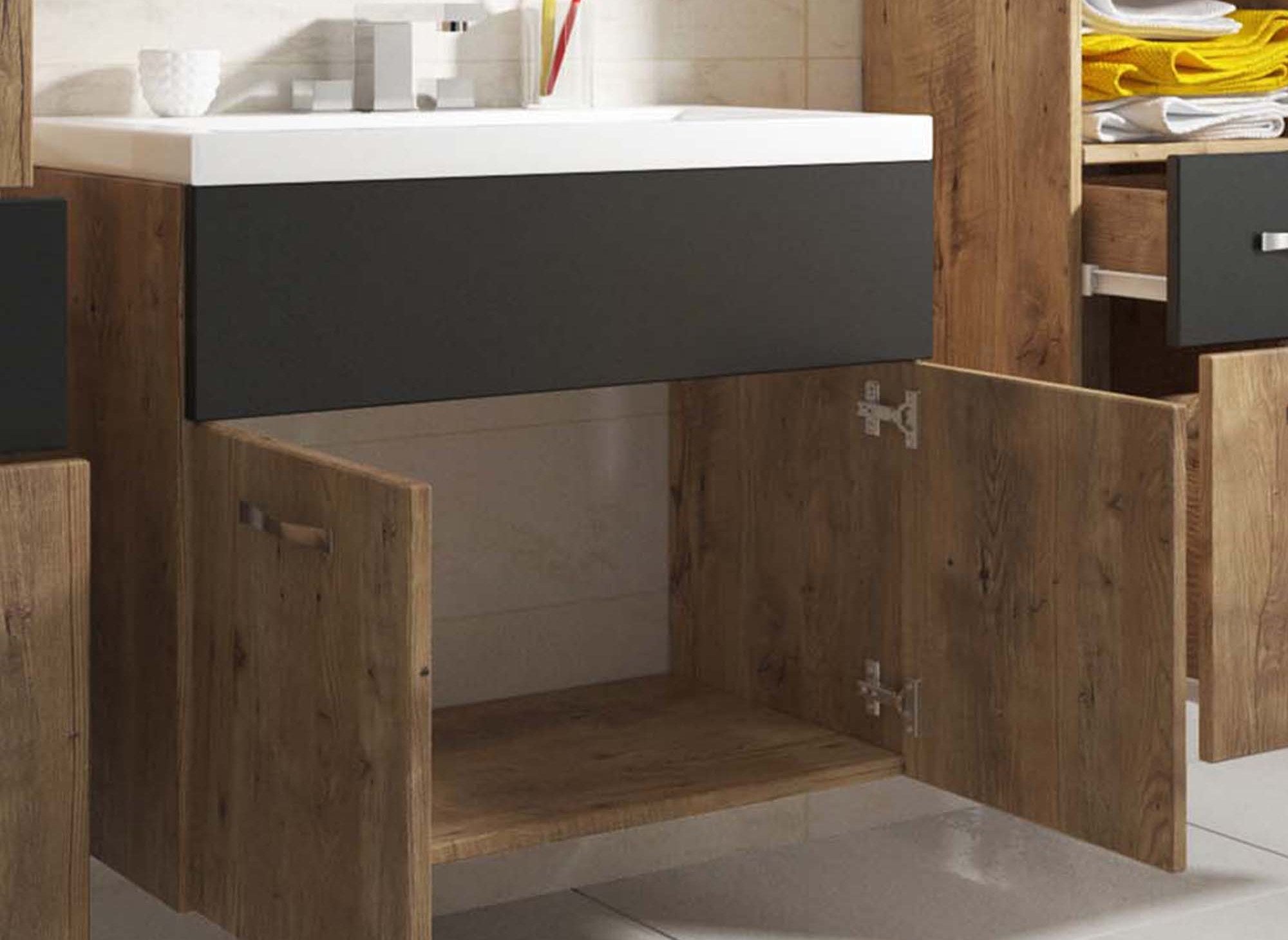 Shelby Wand-Badmöbelset - Eiche und Holz in Schwarzoptik