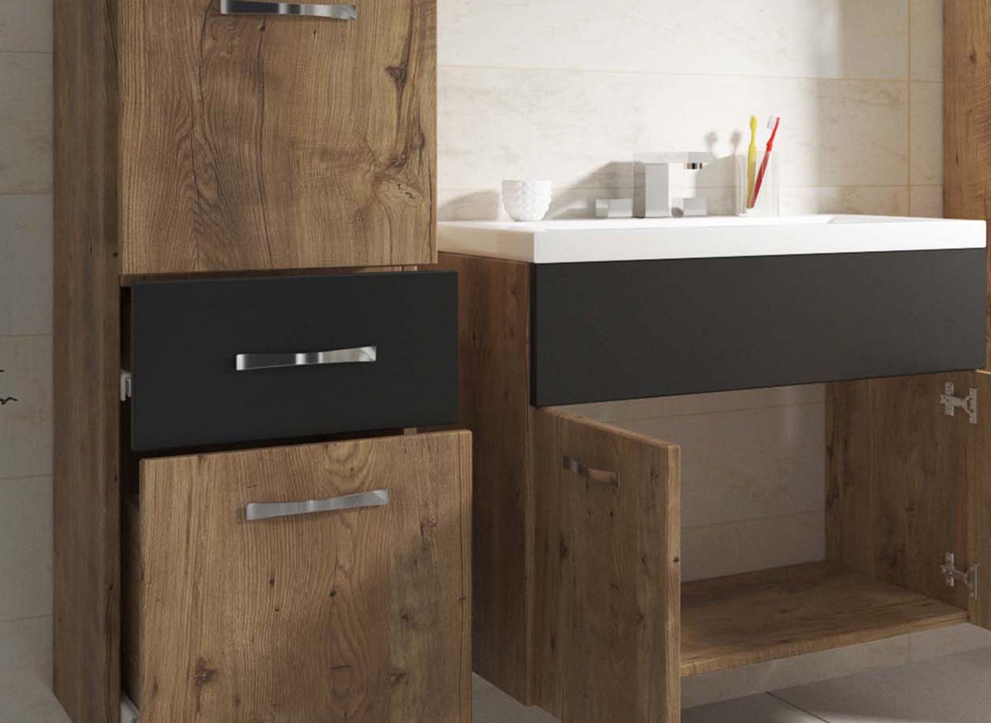 Wandmontiertes Badezimmermöbelset - Gealtertes Holz und Grau SHELBY