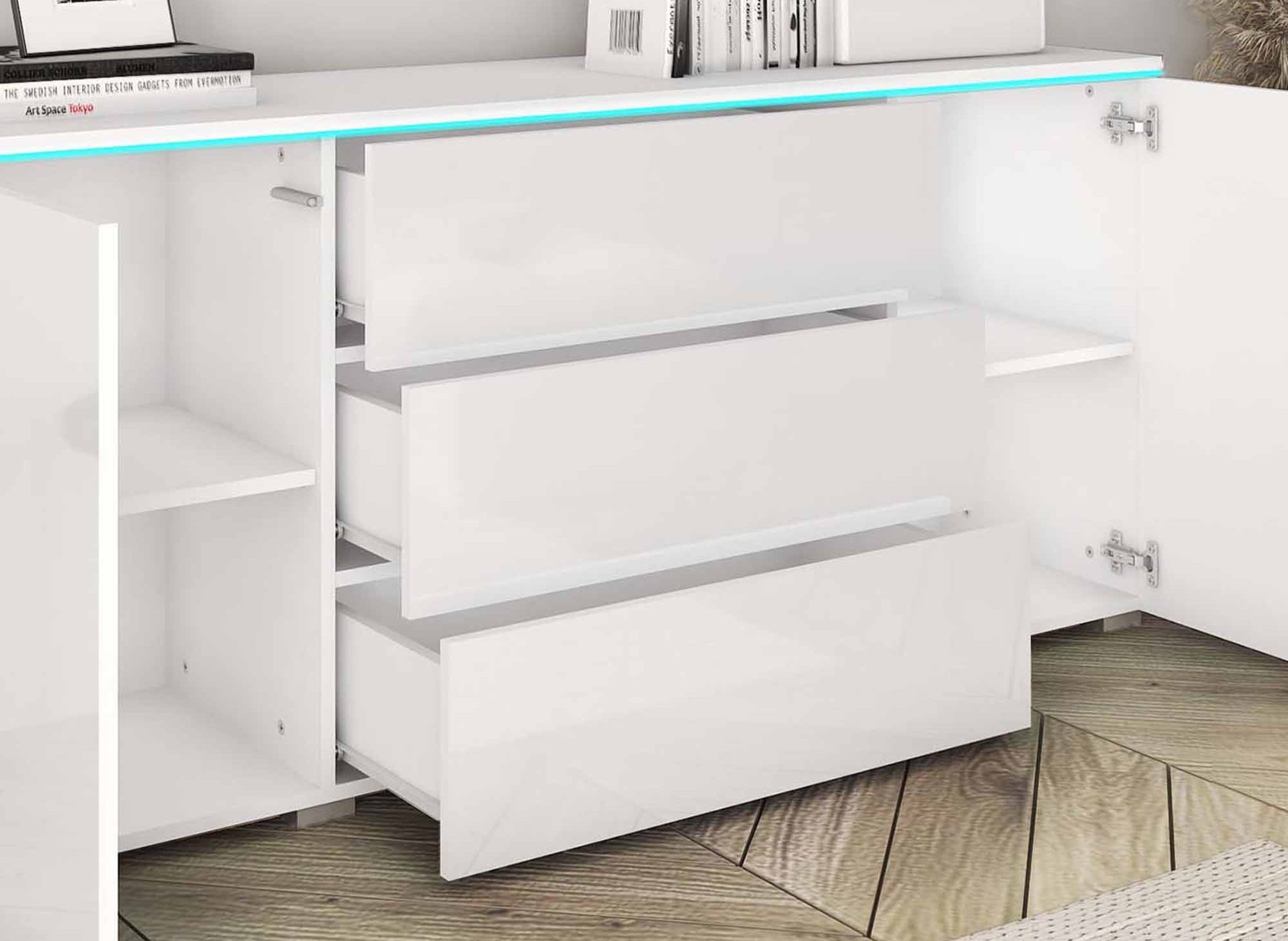 Weißes Sideboard mit 2 Türen und 3 Schubladen und LED - ALEXIA