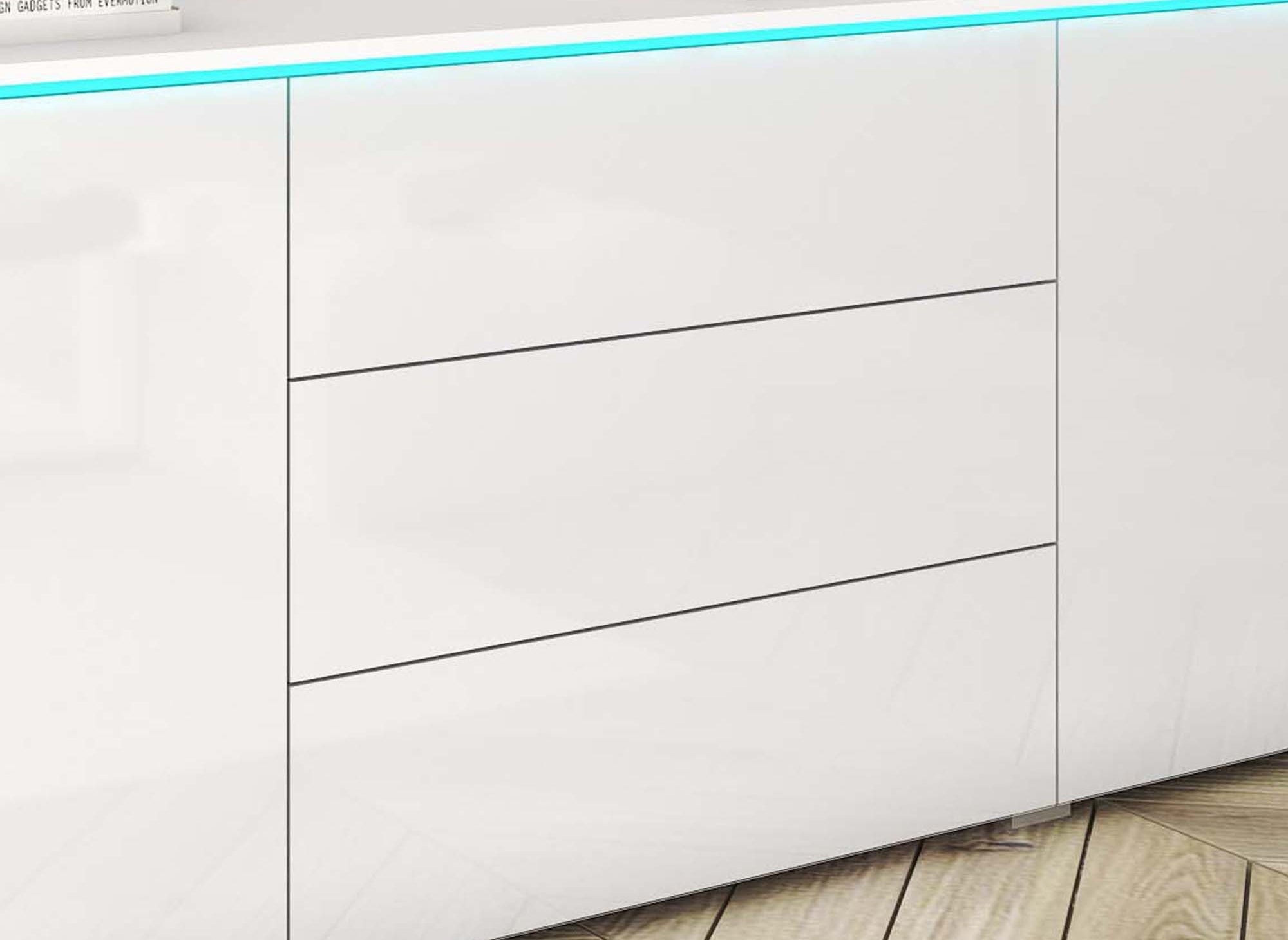 Weißes Sideboard mit 2 Türen und 3 Schubladen und LED - ALEXIA