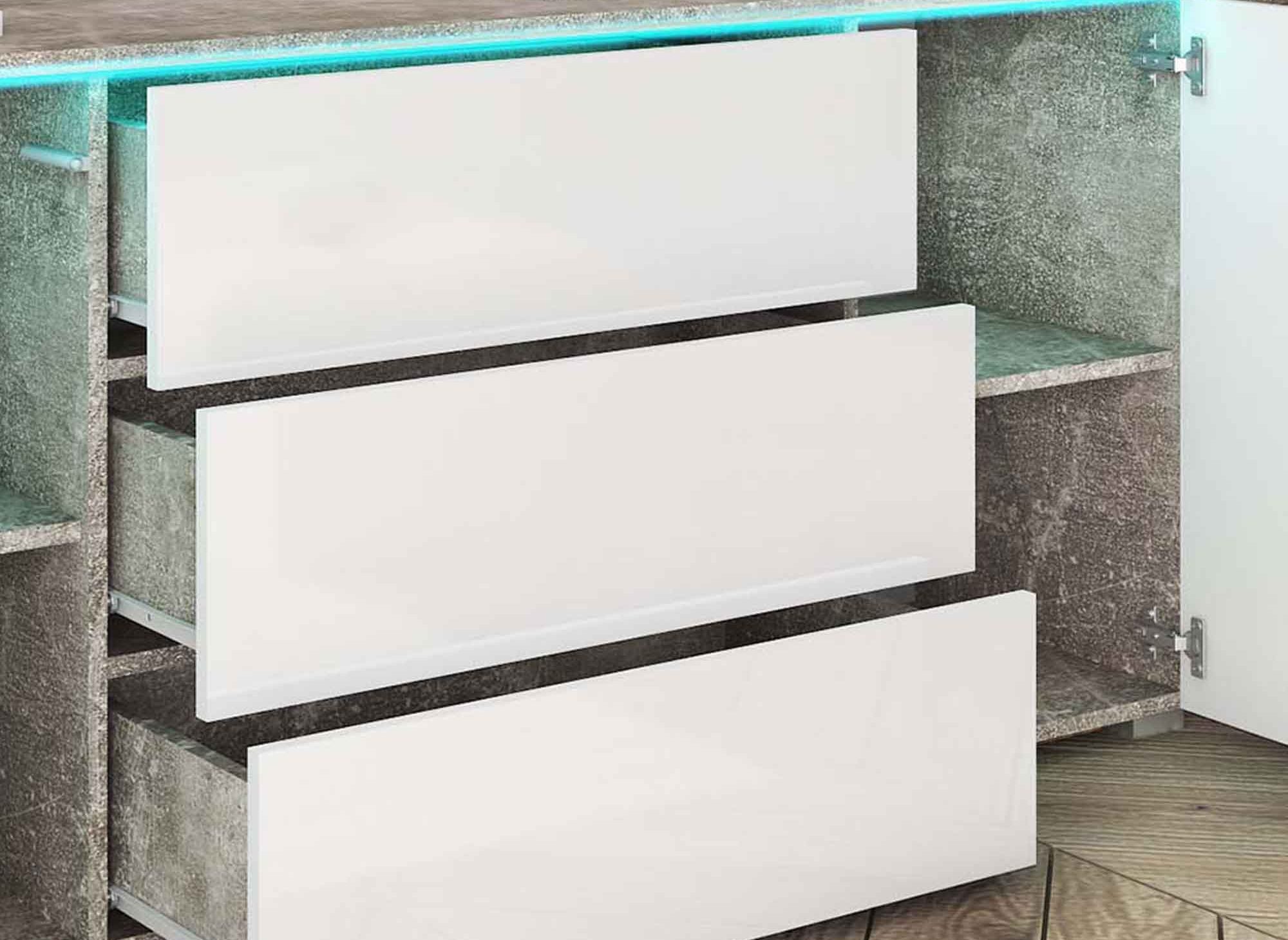 ALEXIA Sideboard mit 2 Türen, 3 Schubladen, Weiß und Beton, mit LEDs