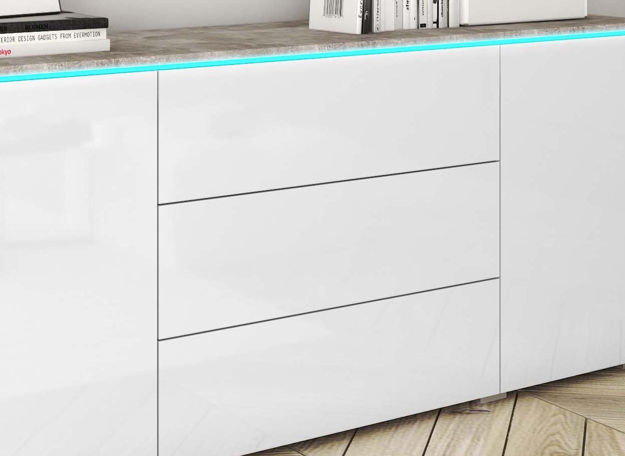 ALEXIA Sideboard mit 2 Türen, 3 Schubladen, Weiß und Beton, mit LEDs
