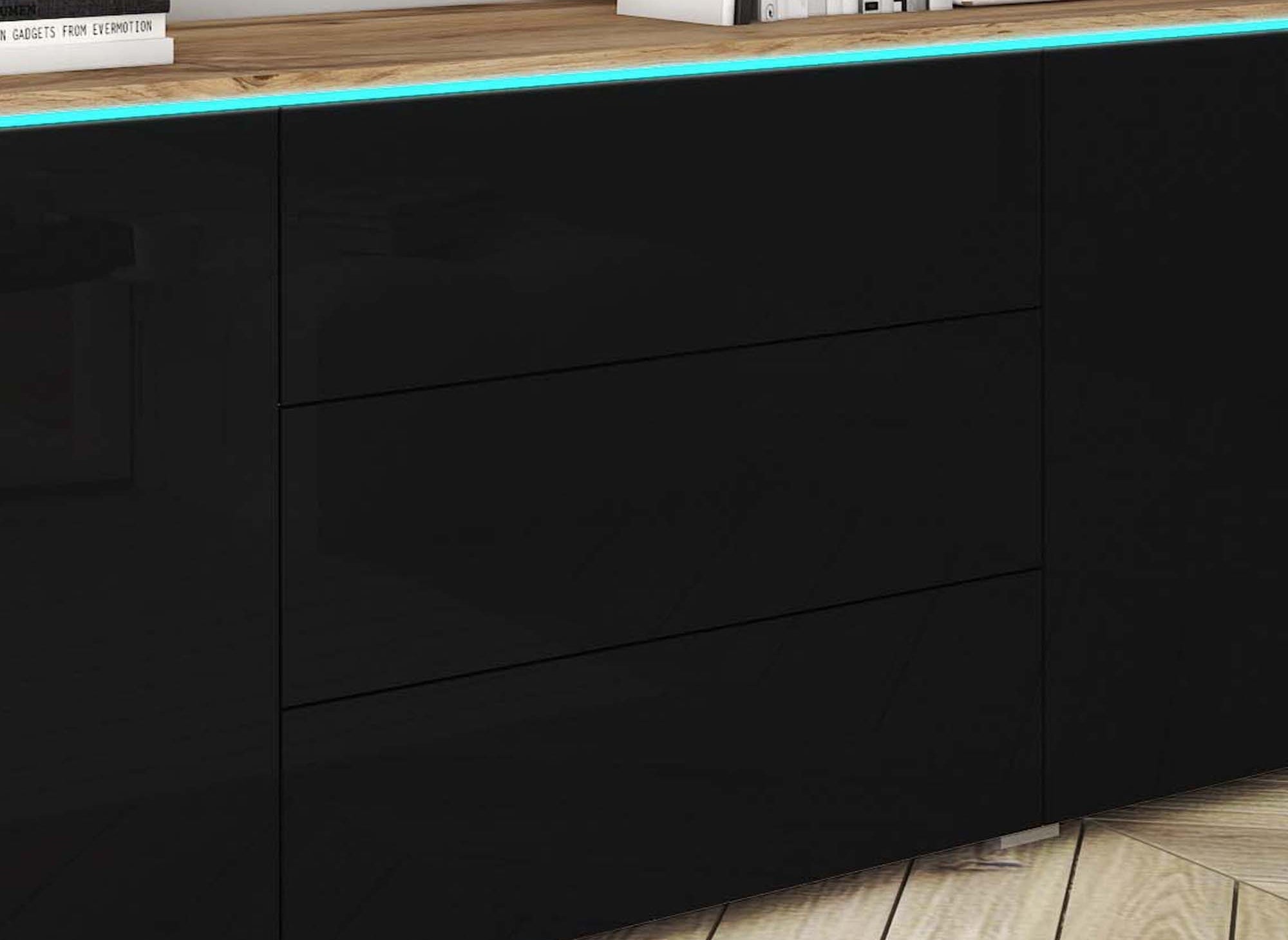 ALEXIA Kommode mit 2 Türen, 3 Schubladen aus Eiche und Schwarz mit LEDs