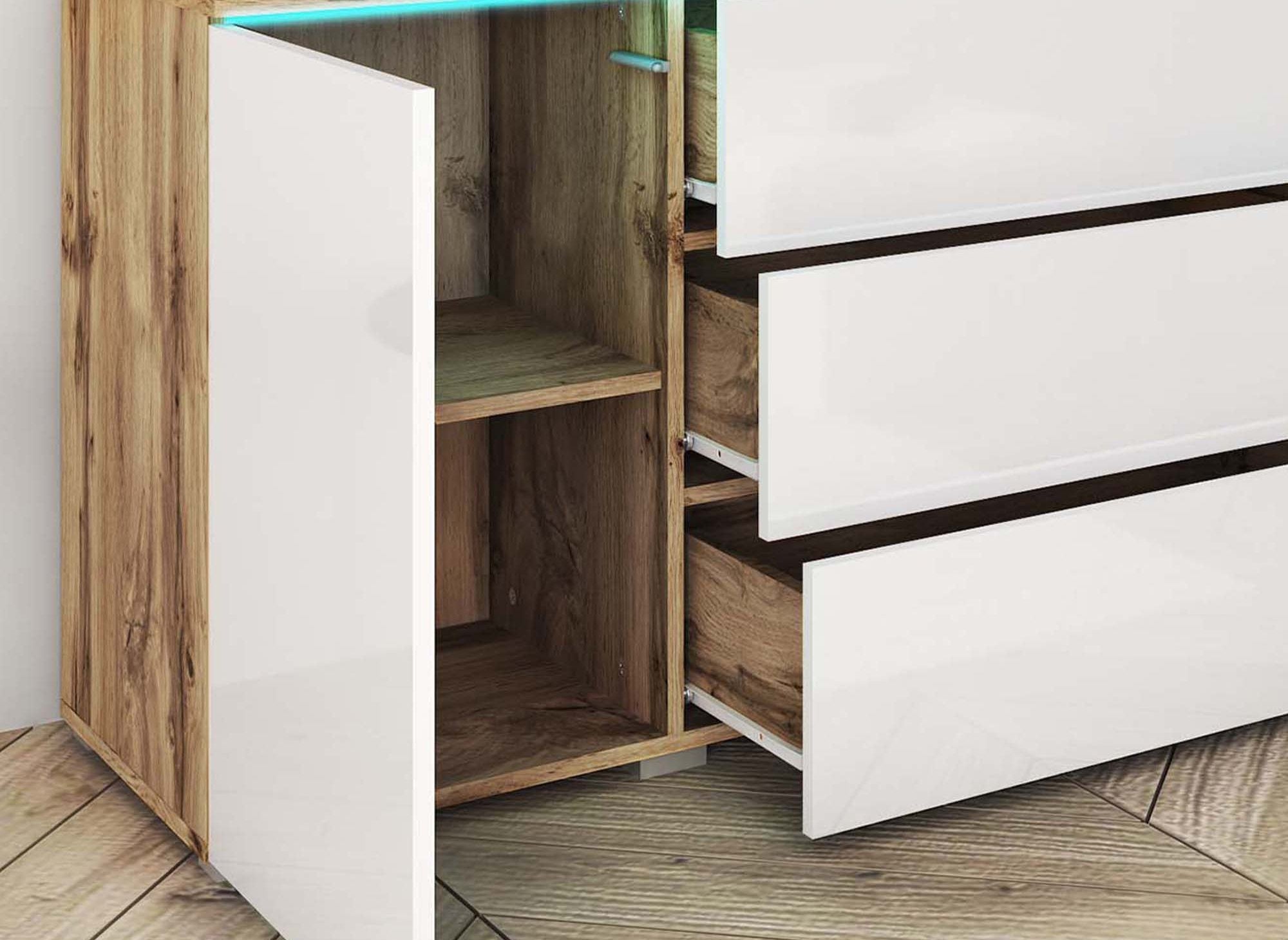 ALEXIA Sideboard mit 2 Türen, 3 Schubladen aus Eiche und Weiß mit LEDs