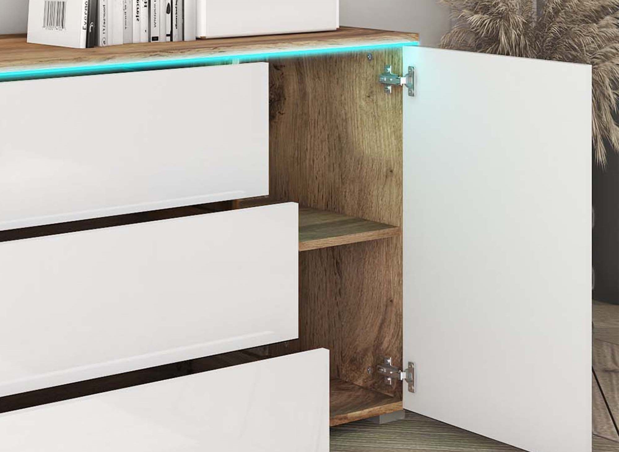 ALEXIA Sideboard mit 2 Türen, 3 Schubladen aus Eiche und Weiß mit LEDs