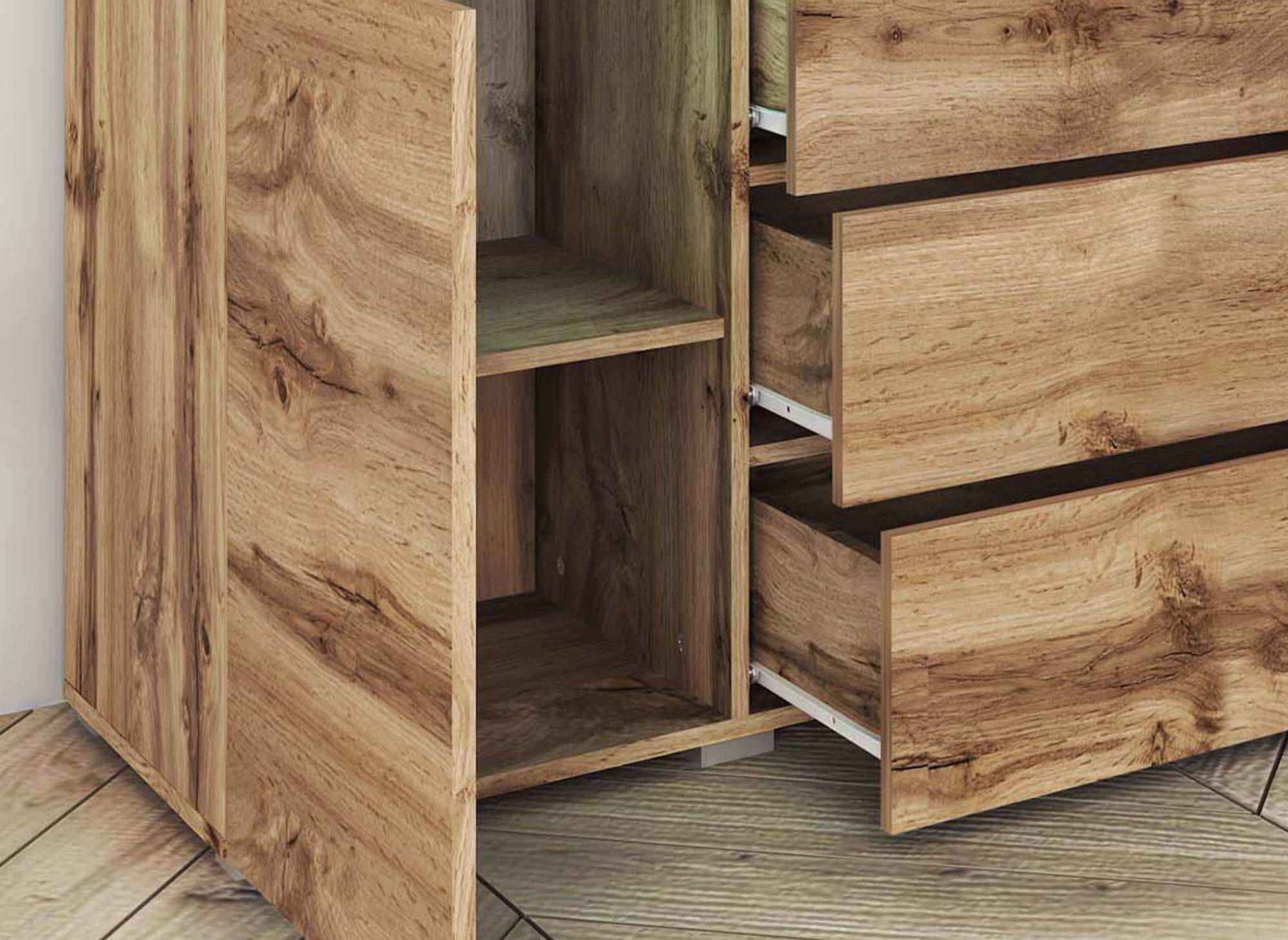 ALEXIA Sideboard aus Eiche mit 2 Türen und 3 Schubladen und LEDs