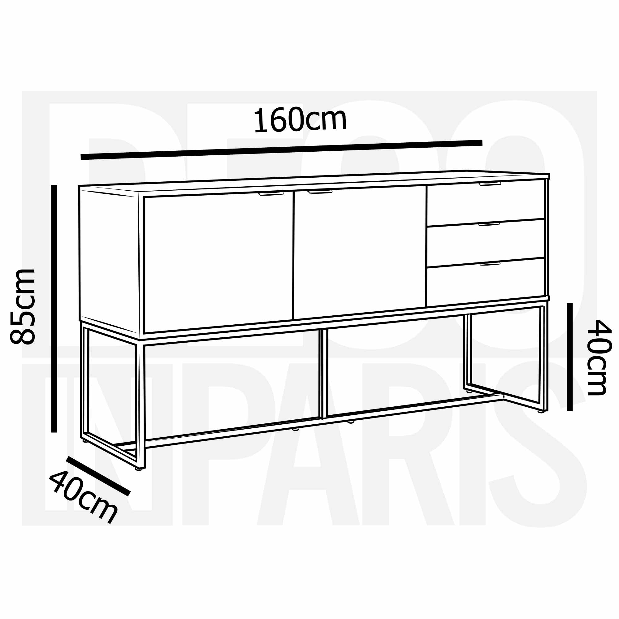 TISSIA Sideboard mit 3 Schubladen und 2 Türen aus hellem Holz und schwarzem Metall