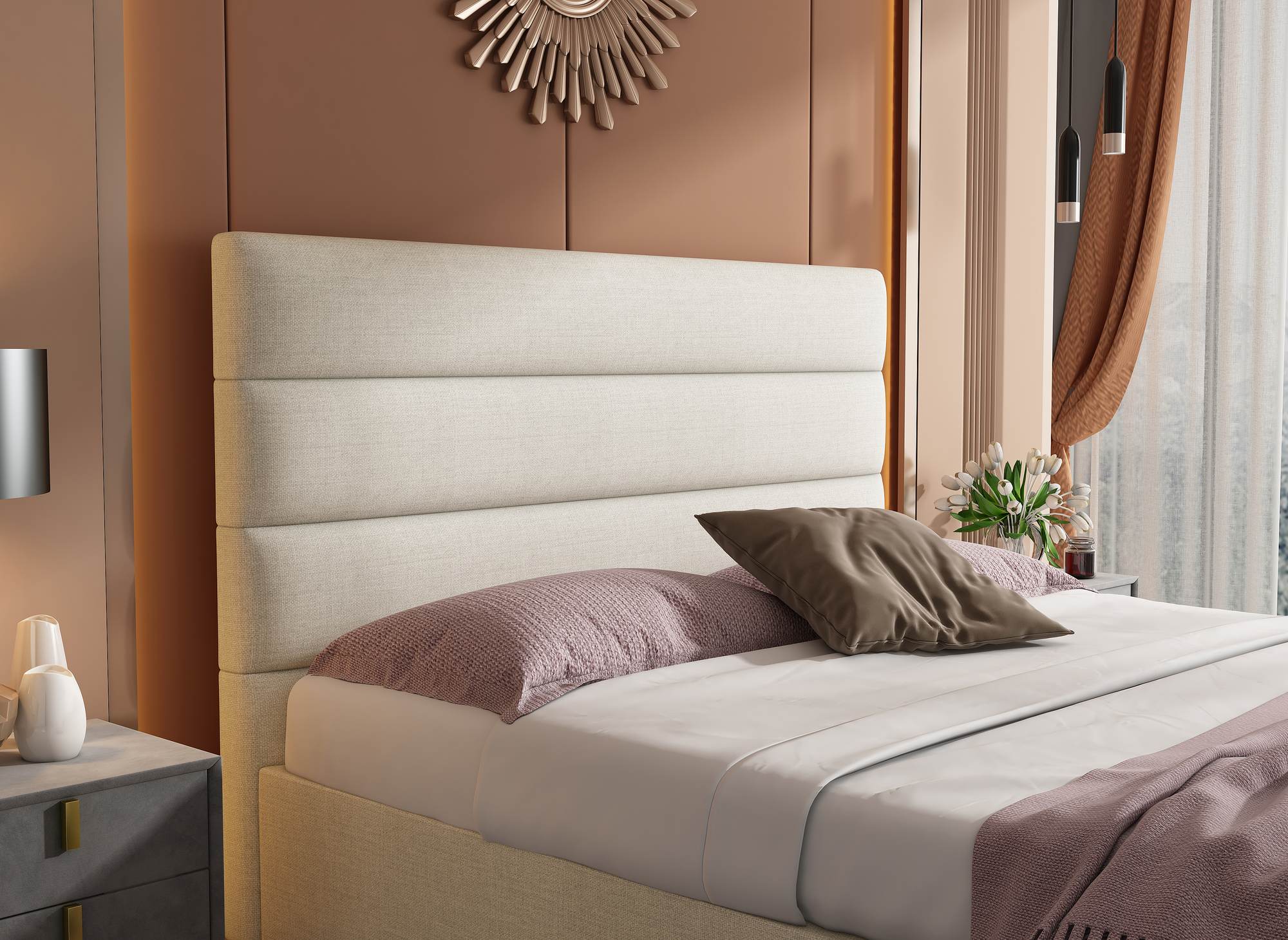 SHANNA Bett mit Stauraum, 180 x 200 cm, beige, Leinenstoff