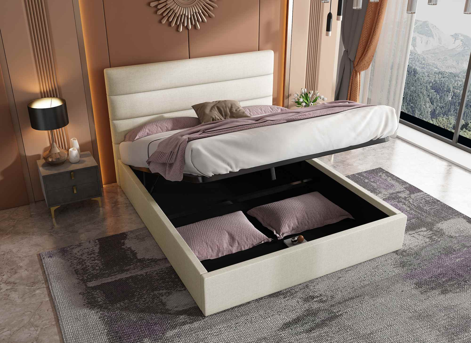 SHANNA Bett mit Stauraum, 140 x 190 cm, beige, Leinenstoff