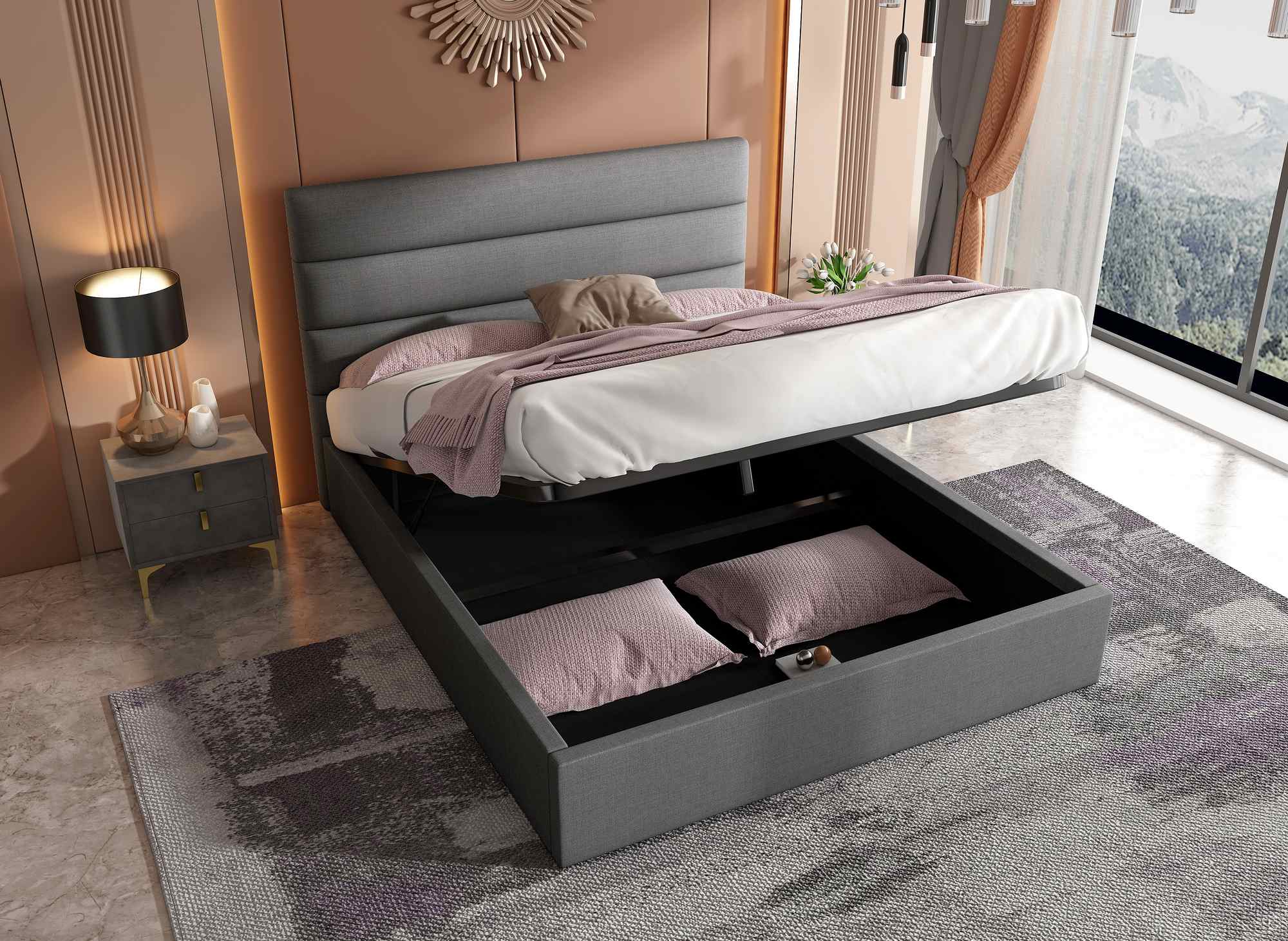 SHANNA Bett mit Stauraum, grau, Leinenstoff, 140 x 190 cm