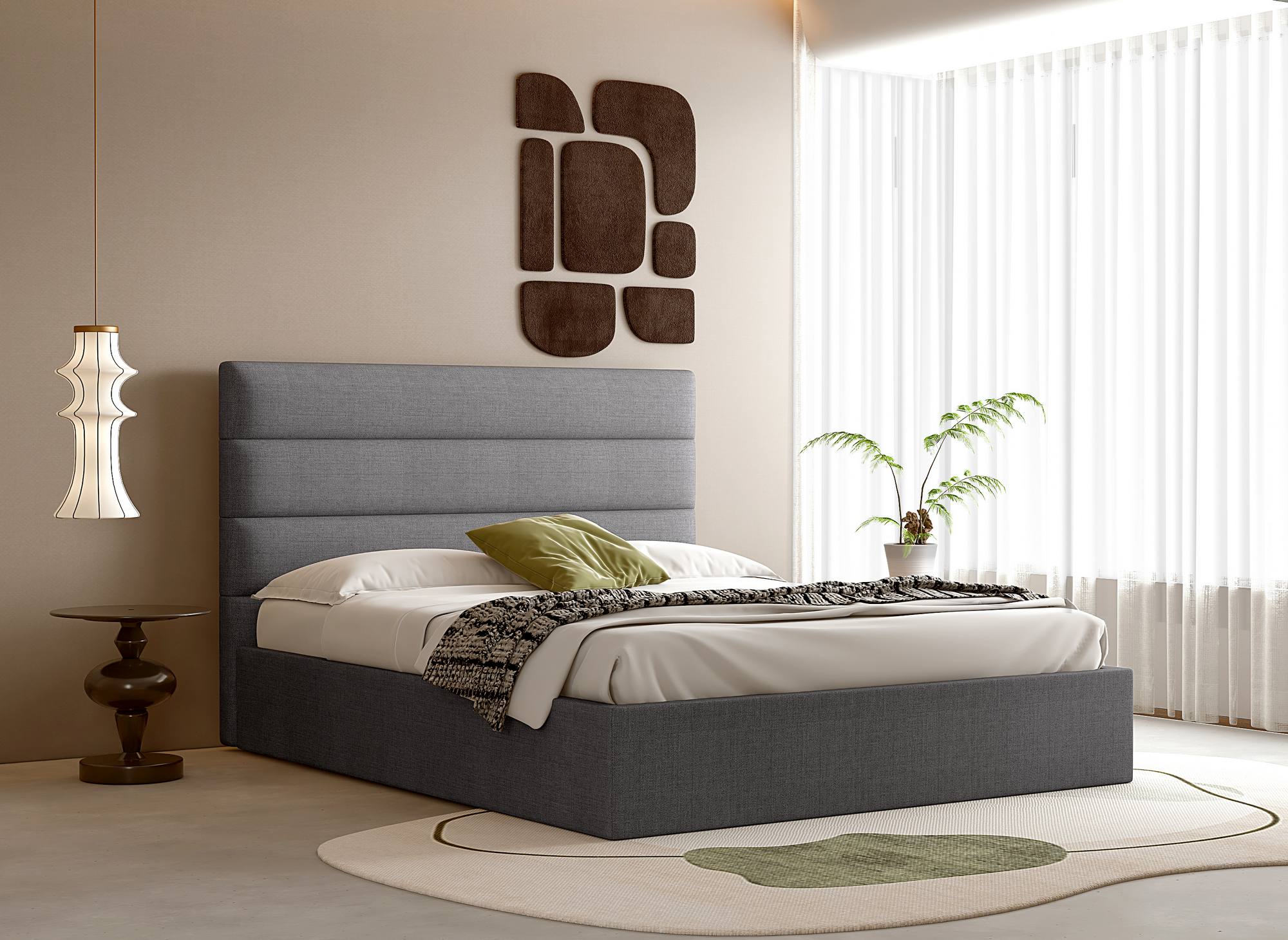 SHANNA Bett mit Stauraum, grau, Leinenstoff, 140 x 190 cm