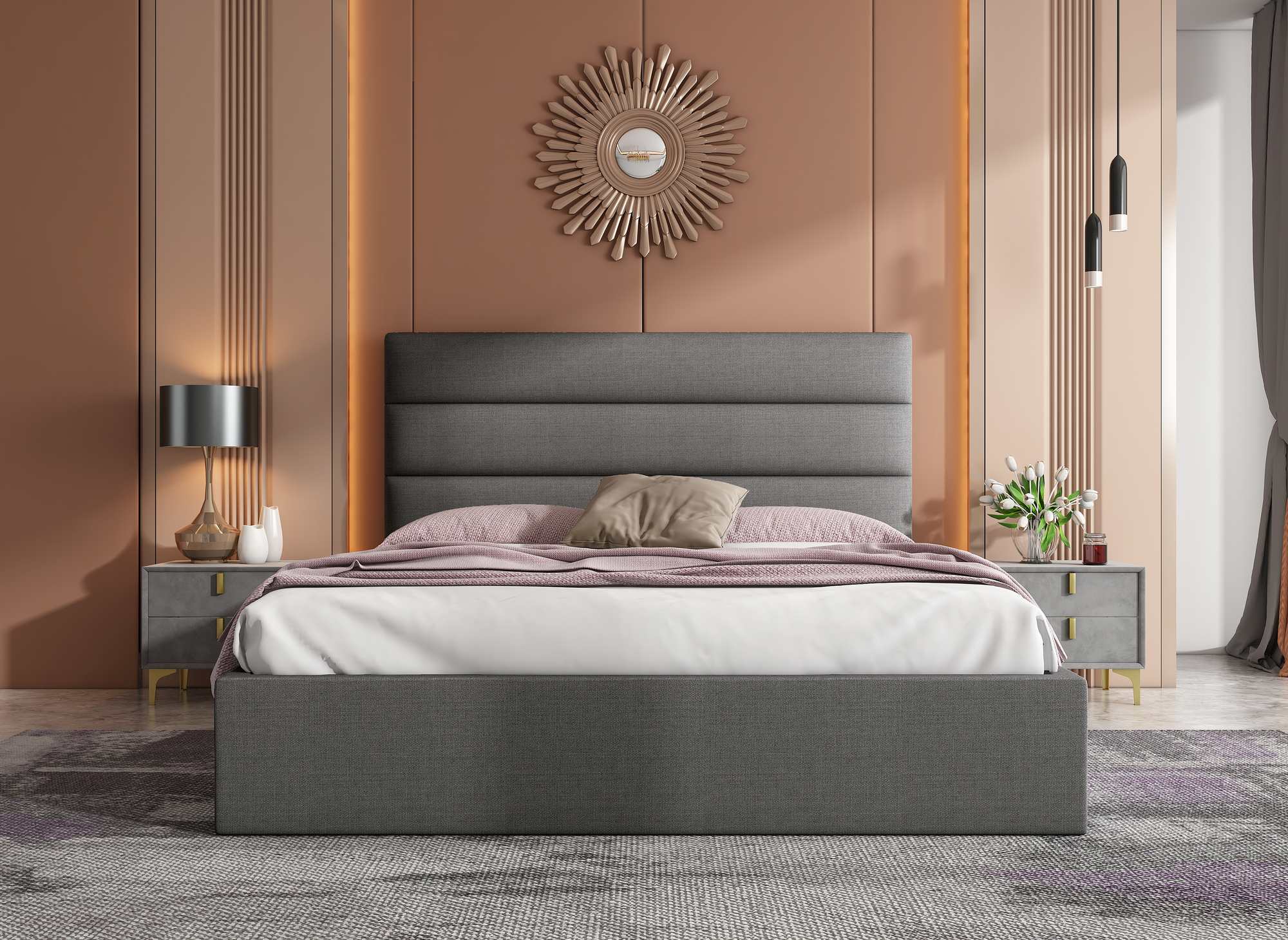 SHANNA Bett mit Stauraum, grau, Leinenstoff, 160 x 200 cm