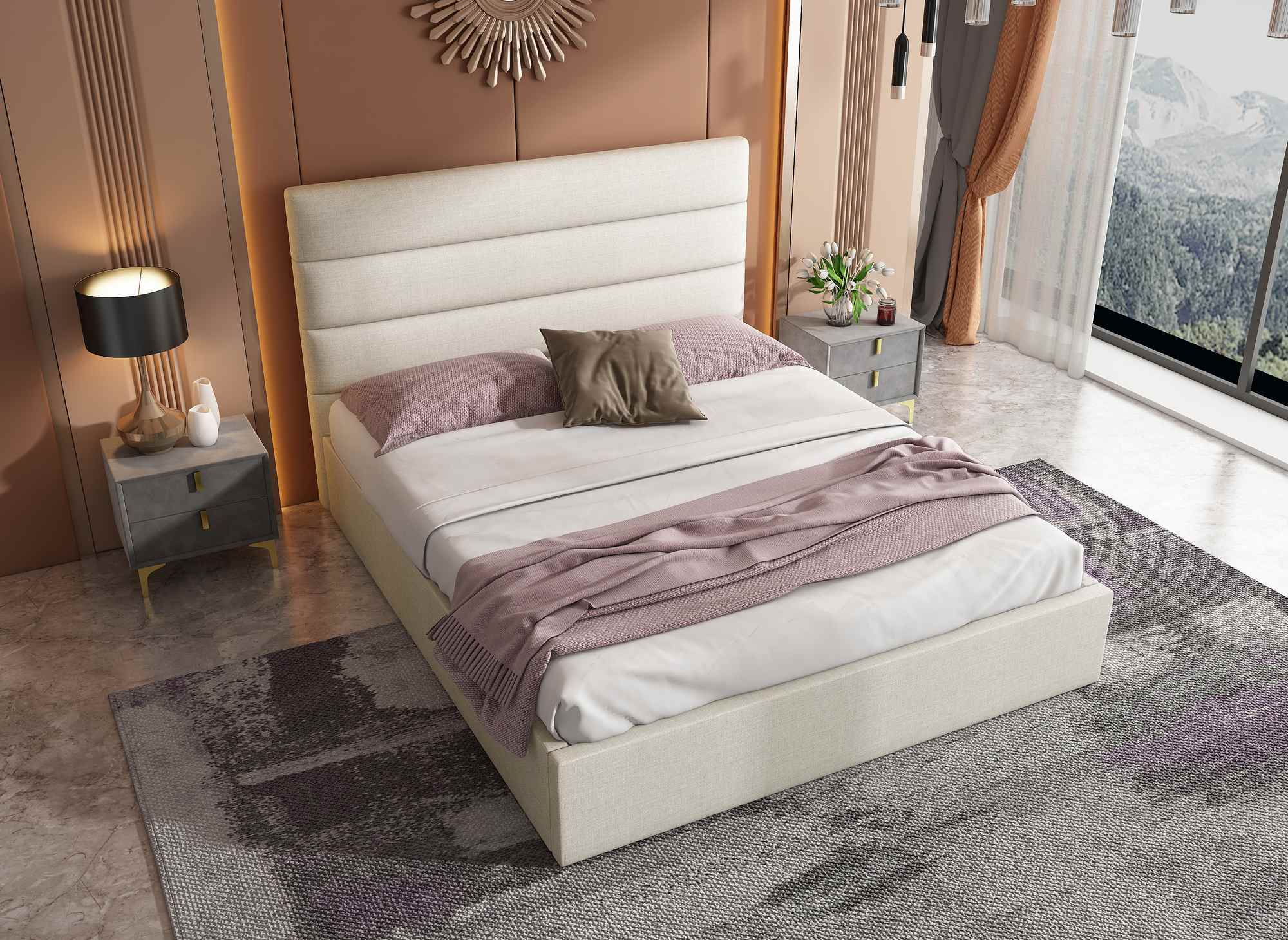SHANNA Bett mit Stauraum, 160 x 200 cm, beige, Leinenstoff