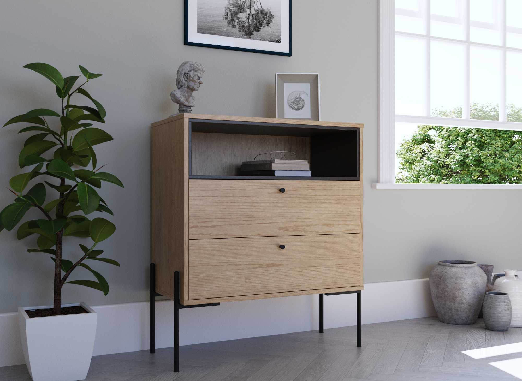 SOHANE Kommode mit 2 Schubladen aus hellem Holz und schwarzem Metall