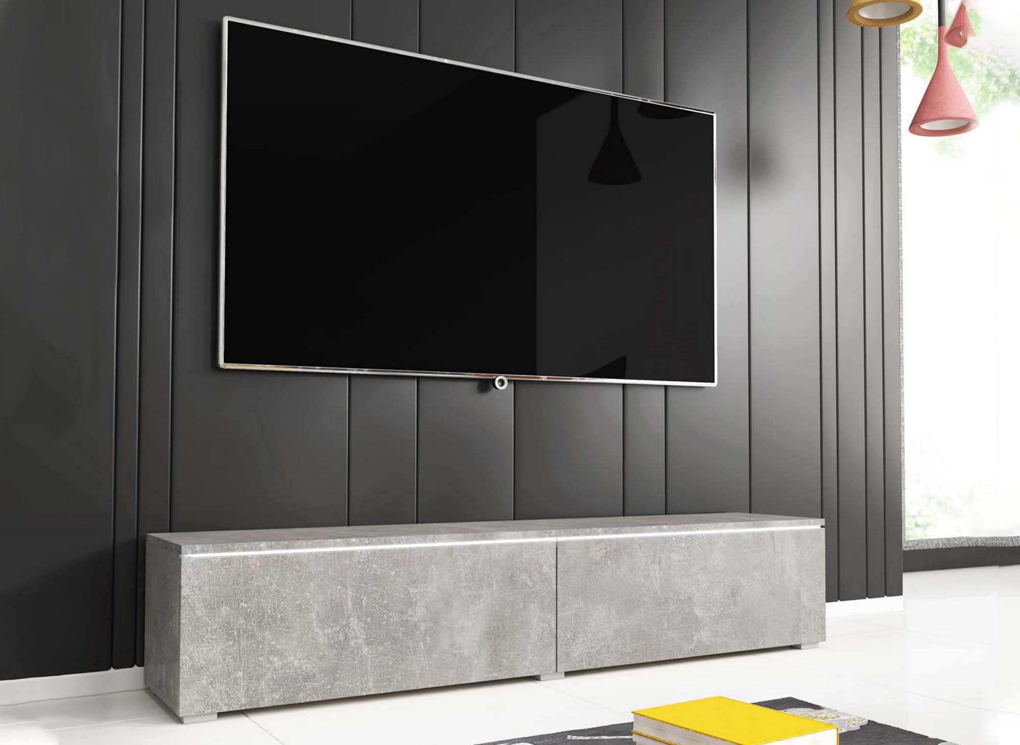MALORIE moderner TV-Schrank in Betongrau mit LEDs und 2 Türen – 180 cm