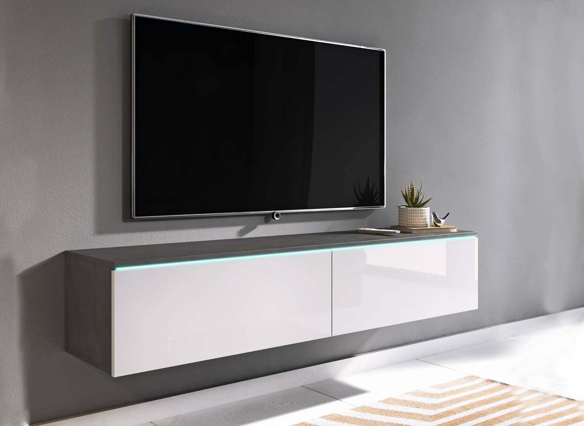 Moderner grau-weißer TV-Schrank mit LED 2 Türen MALORIE - 140 cm