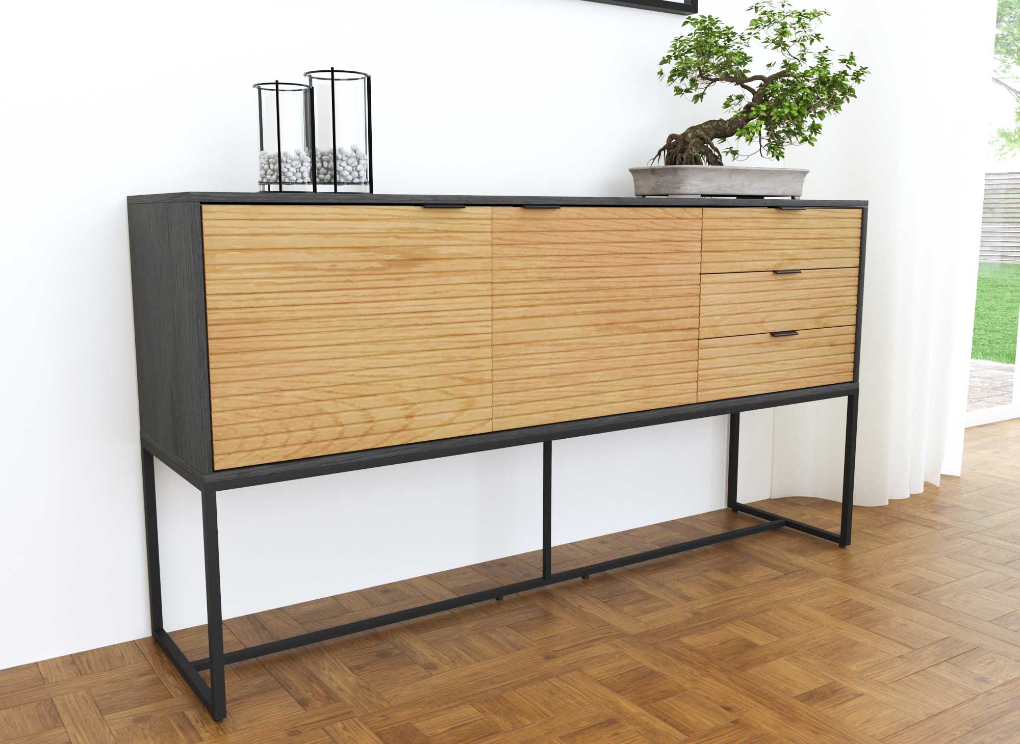 TISSIA Sideboard mit 3 Schubladen und 2 Türen aus hellem Holz und schwarzem Metall