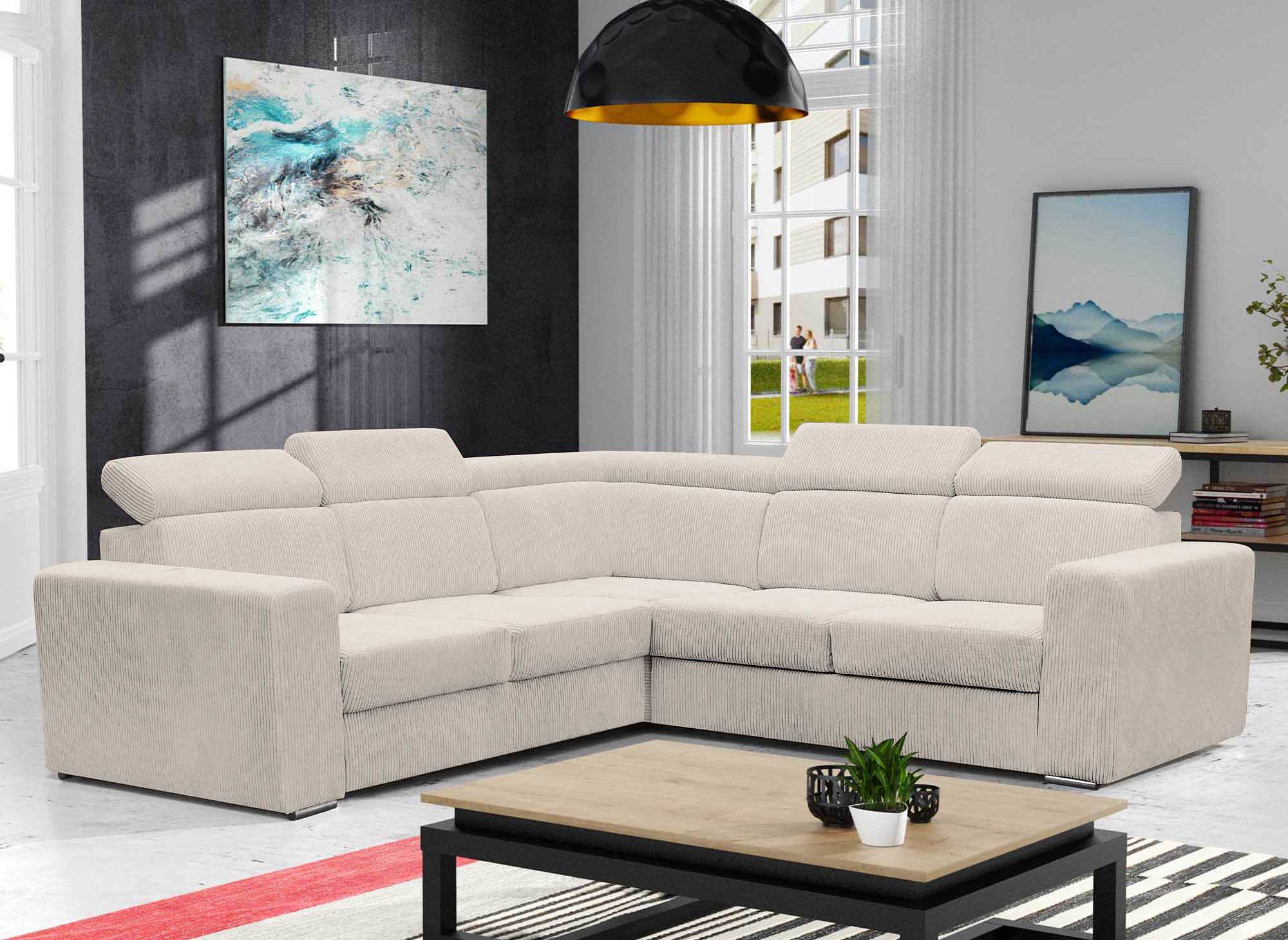 MERYL Ecksofa aus beigefarbenem Cord, umwandelbar und wendbar