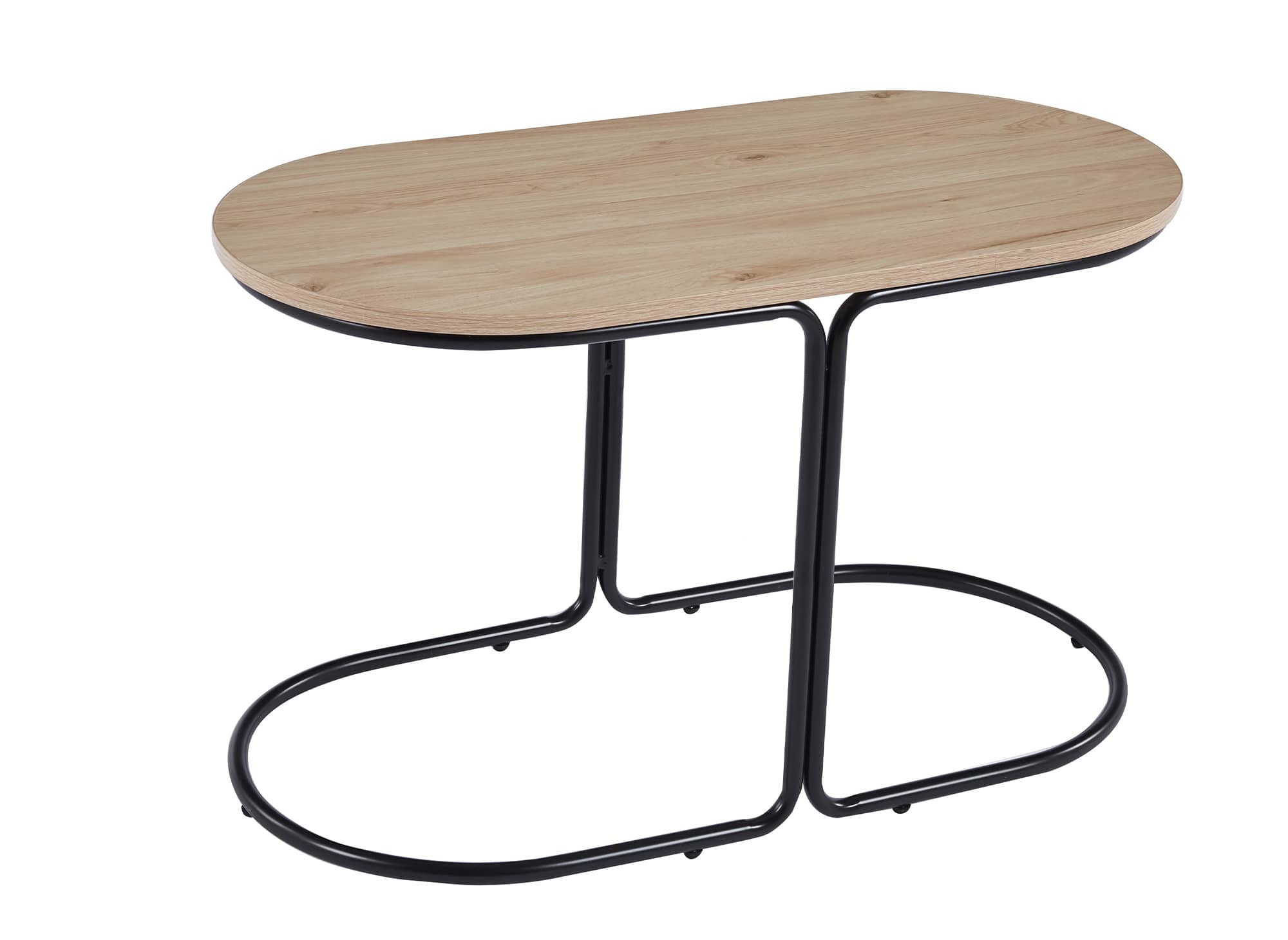 JUDITH holzfarbenes Couchtisch-Set mit 2 beigen Stoffpoufs