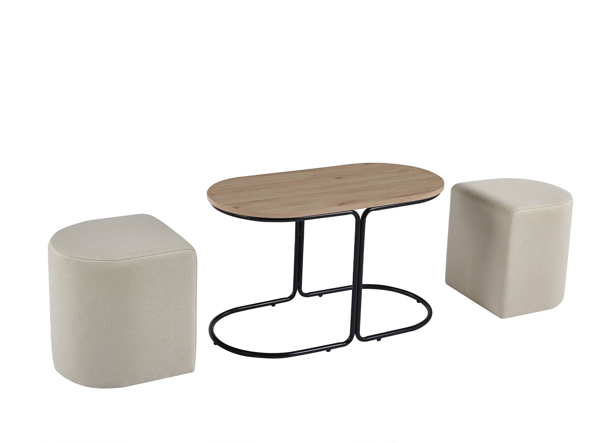 JUDITH holzfarbenes Couchtisch-Set mit 2 beigen Stoffpoufs