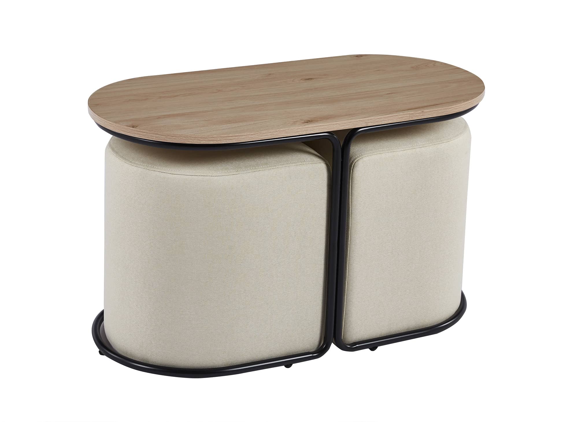 JUDITH holzfarbenes Couchtisch-Set mit 2 beigen Stoffpoufs