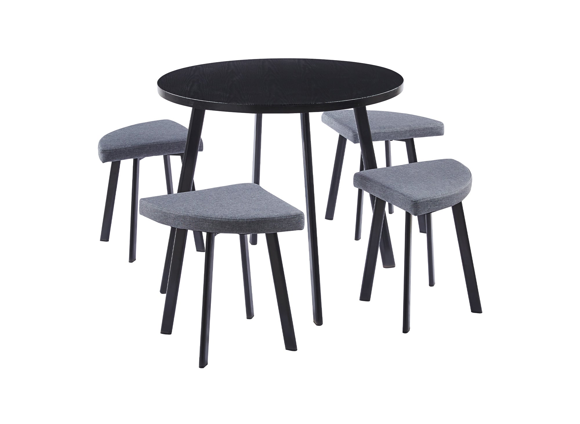 IRINA Esstisch-Set aus schwarzem Holz mit 4 grauen Hockern