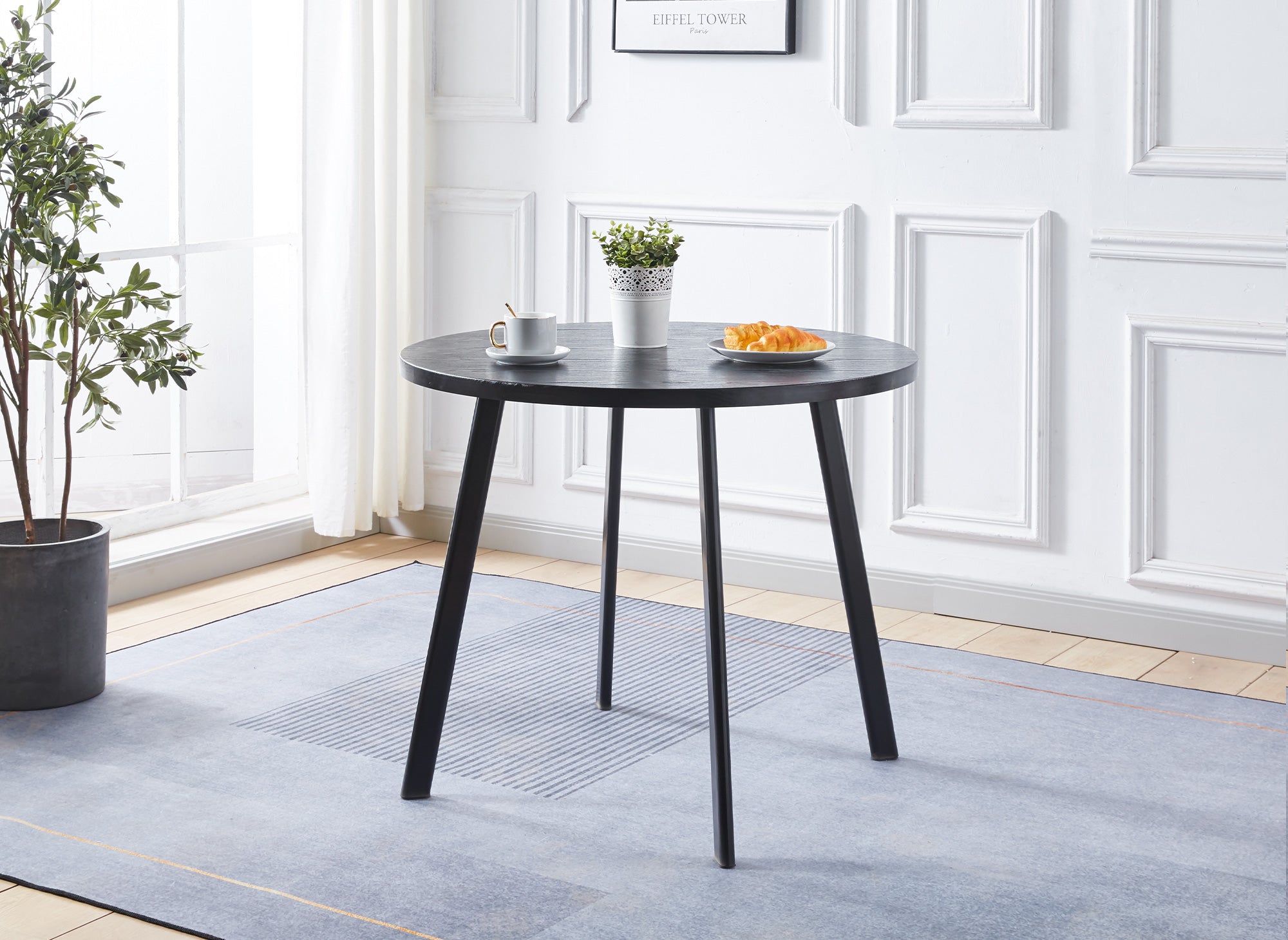 IRINA Esstisch-Set aus schwarzem Holz mit 4 grauen Hockern