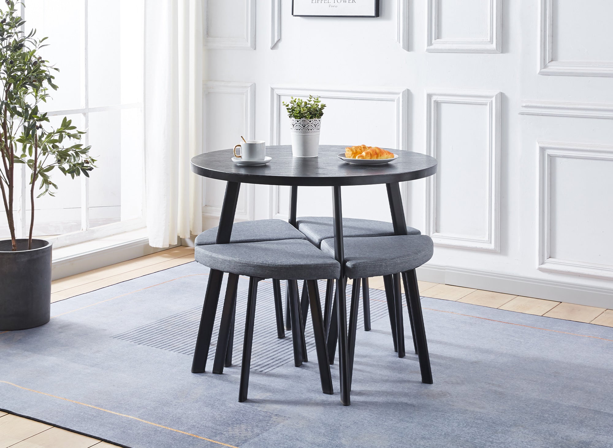 IRINA Esstisch-Set aus schwarzem Holz mit 4 grauen Hockern