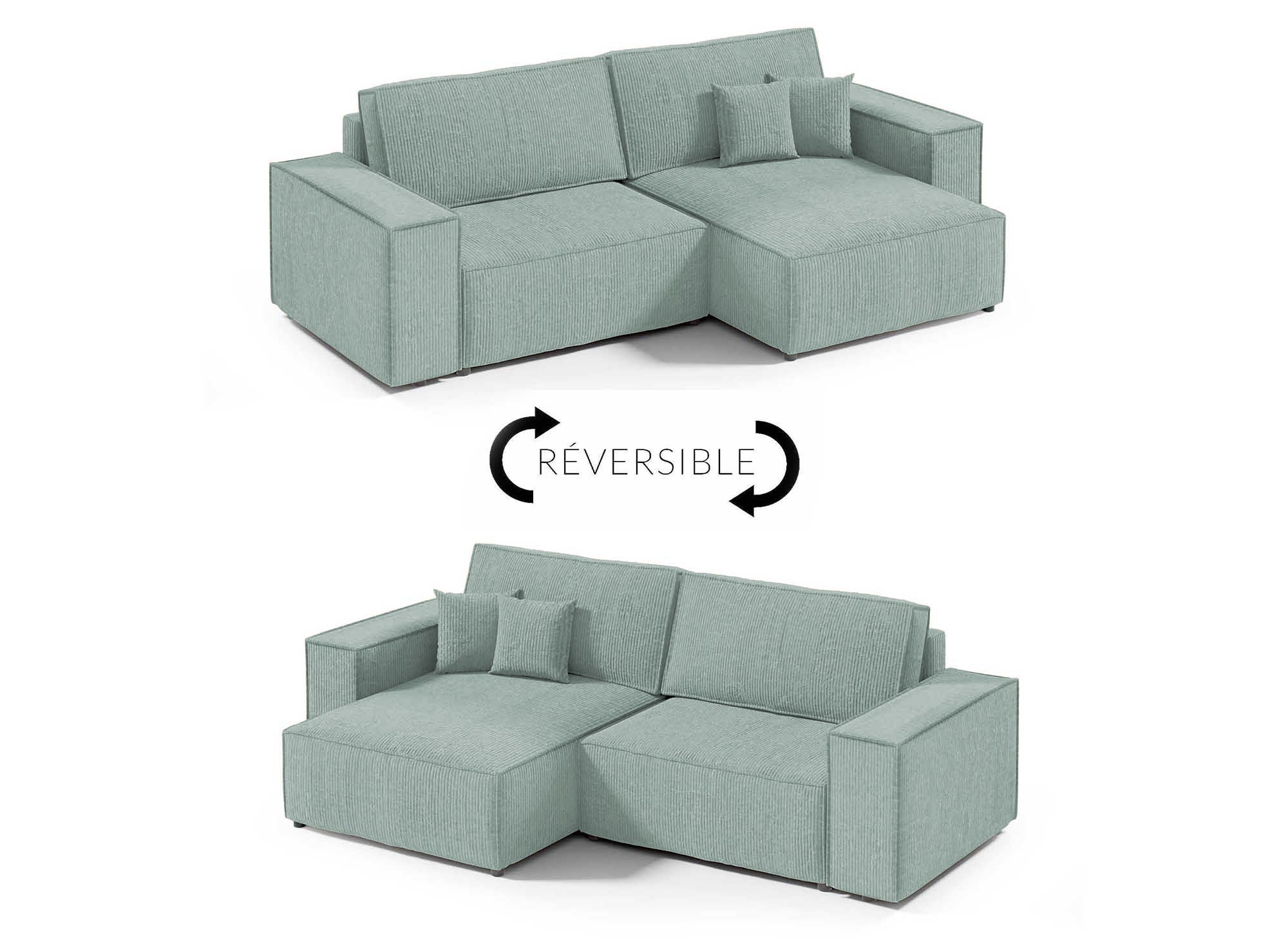 JADE MINI wassergrünes Cord-Ecksofa mit Stauraum, umwandelbar und wendbar