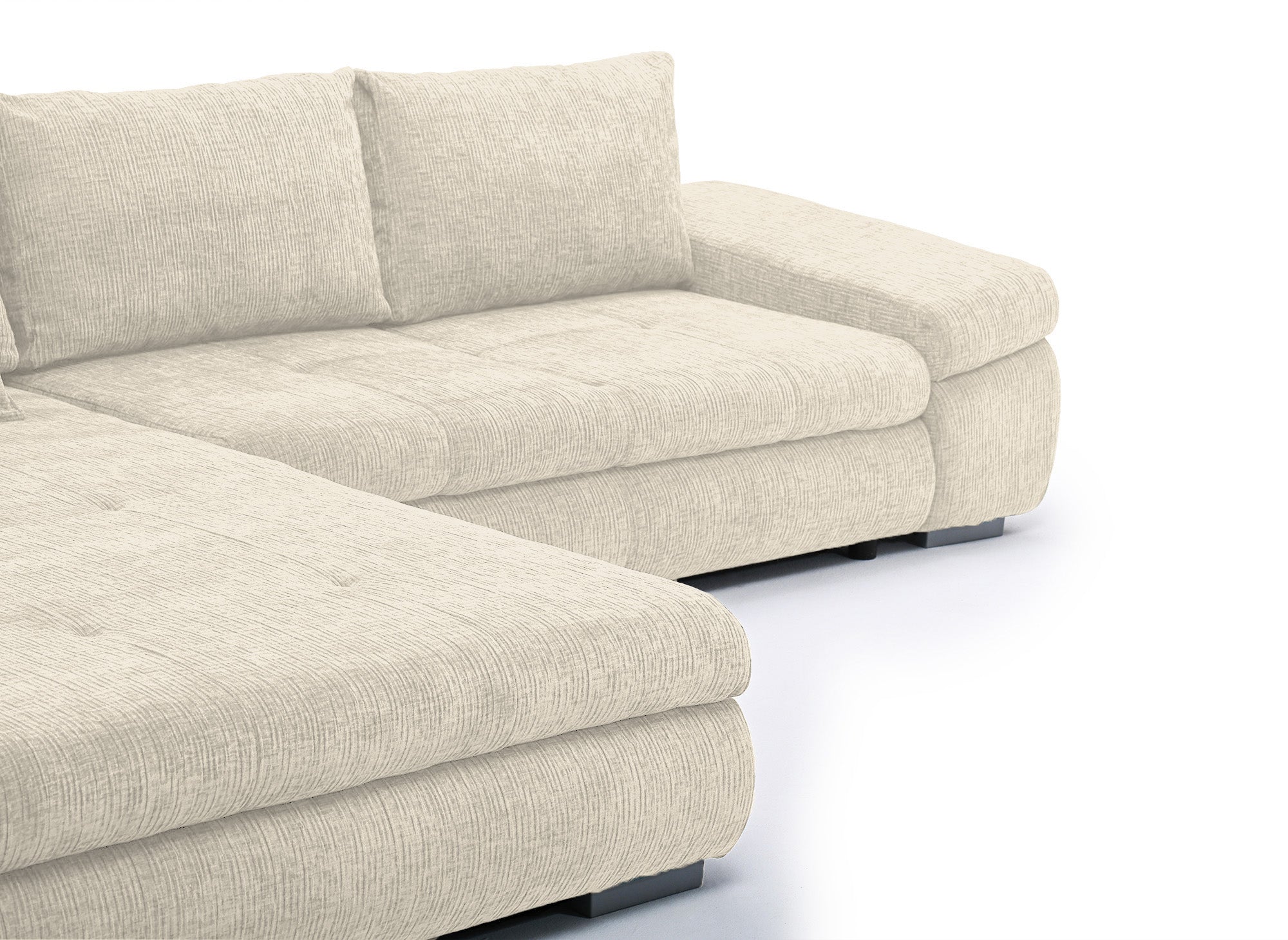 SOLEA Wende-Ecksofa mit Stauraum aus beige meliertem Samt