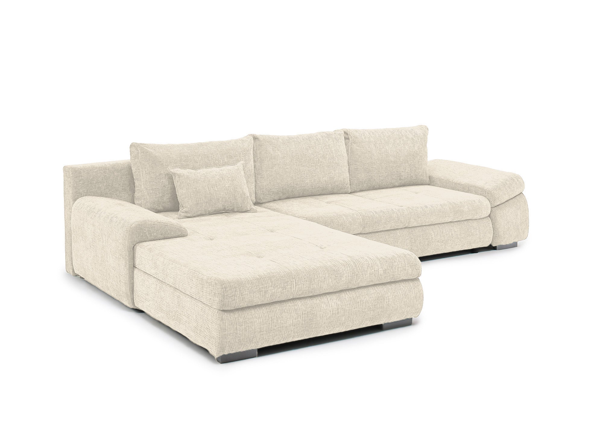 SOLEA Wende-Ecksofa mit Stauraum aus beige meliertem Samt