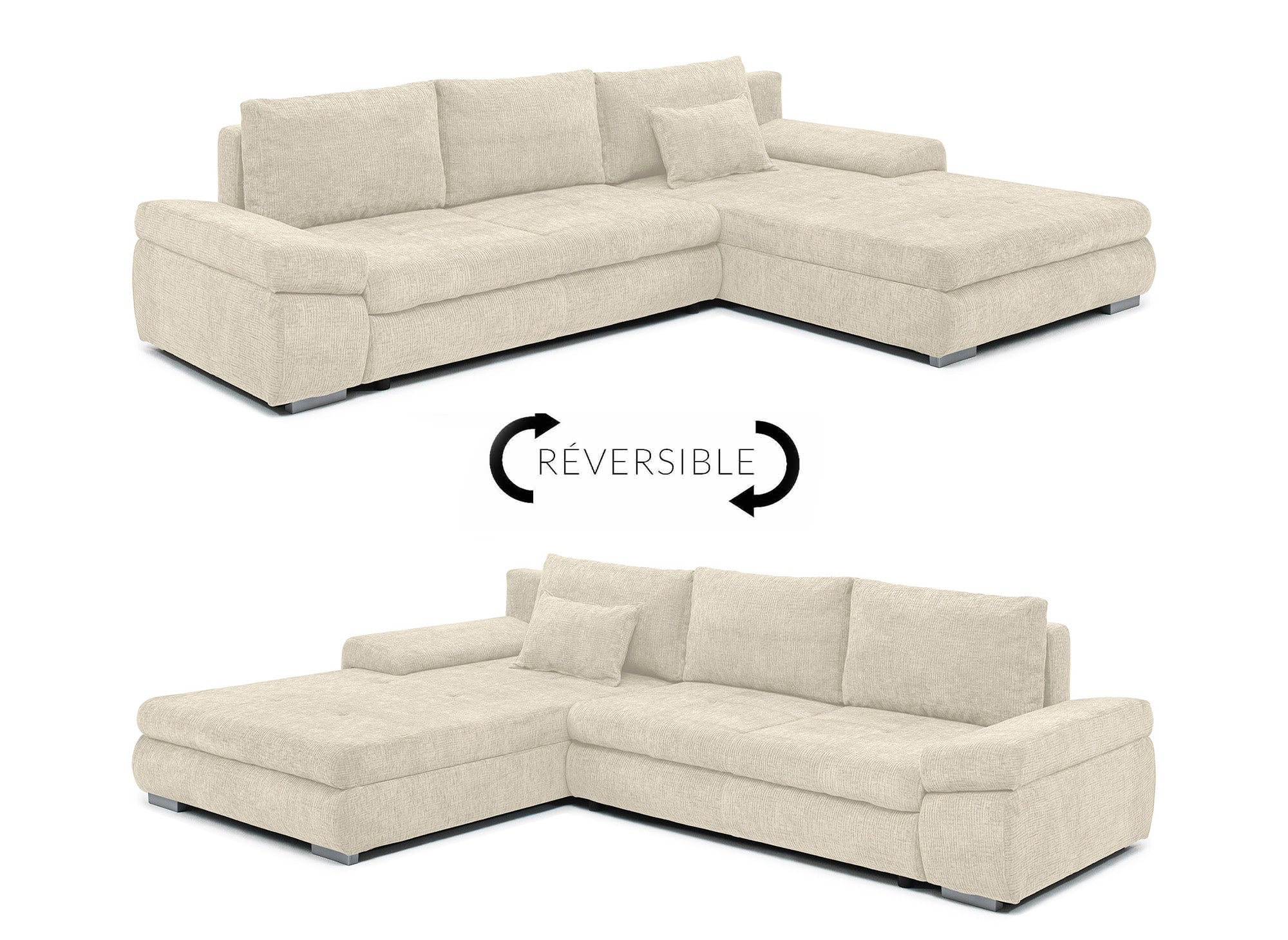 SOLEA Wende-Ecksofa mit Stauraum aus beige meliertem Samt