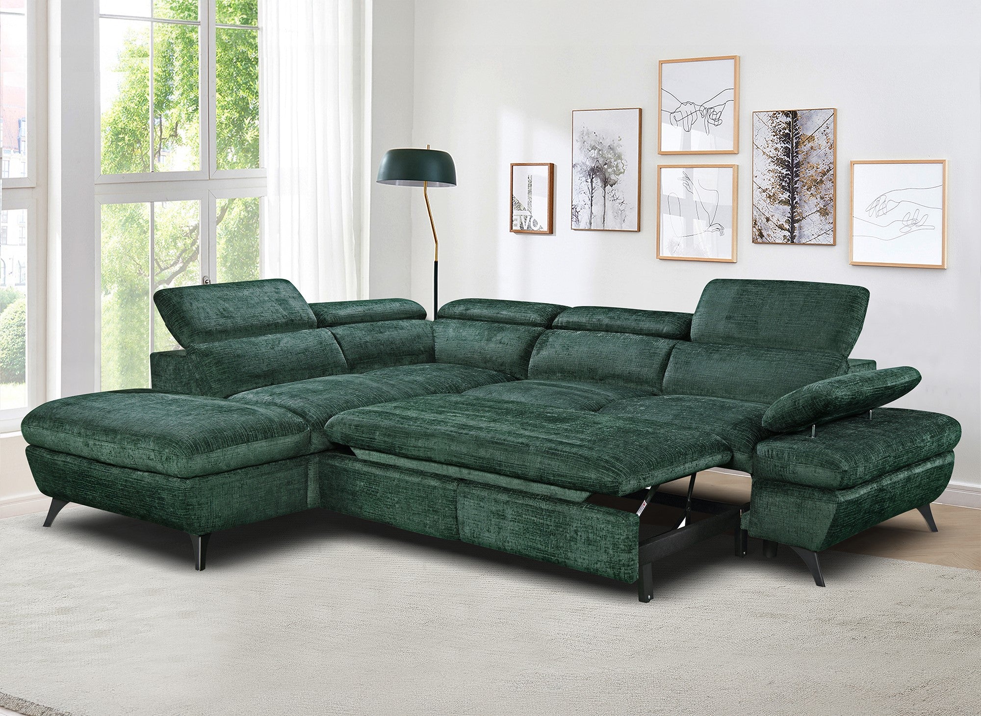 LUFY Ecksofa aus grün meliertem Samt mit Stauraum – Linke Ecke