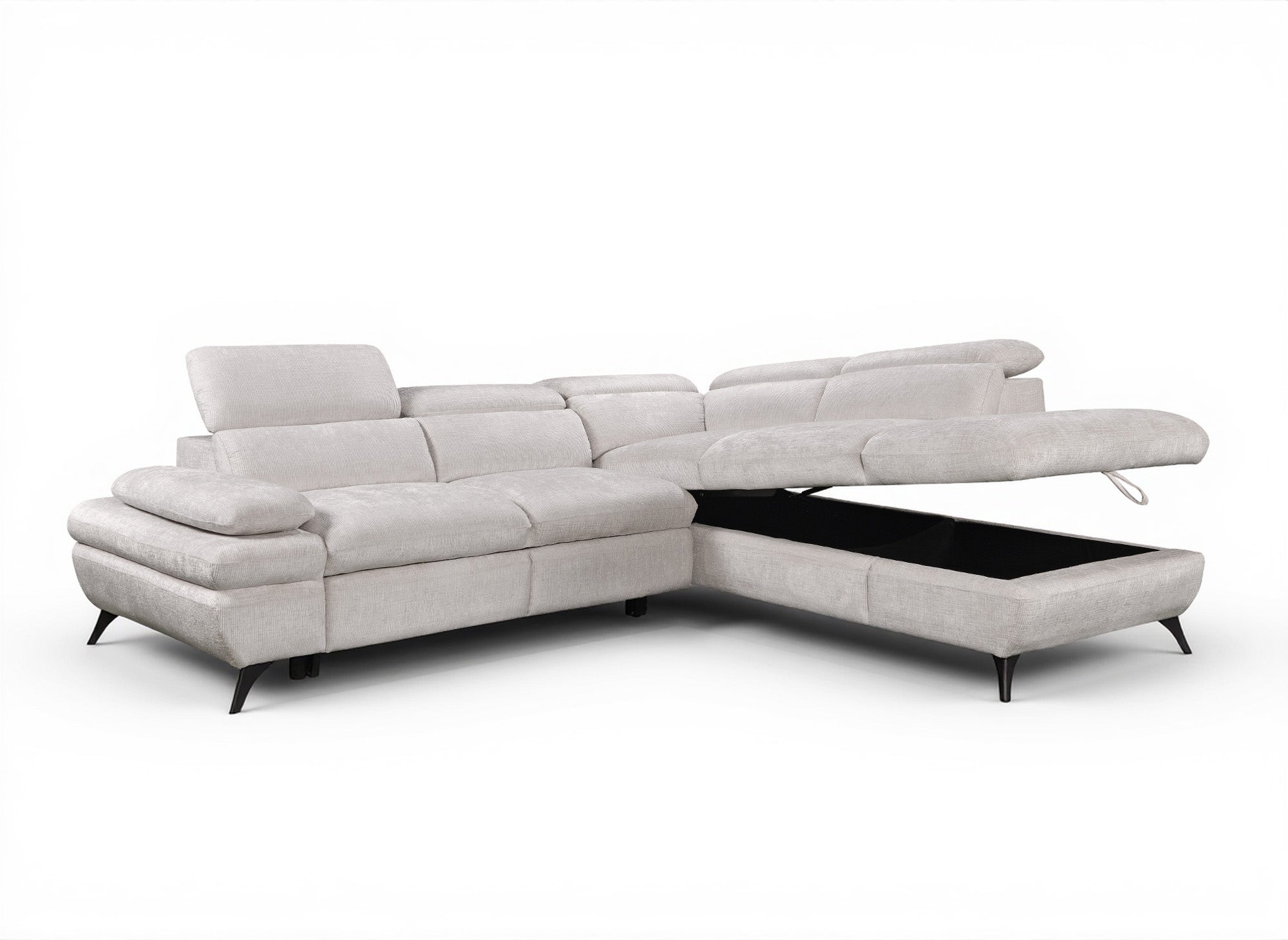 LUFY umwandelbares Ecksofa mit Stauraum aus ecruweiß meliertem Samt - Rechtwinklig